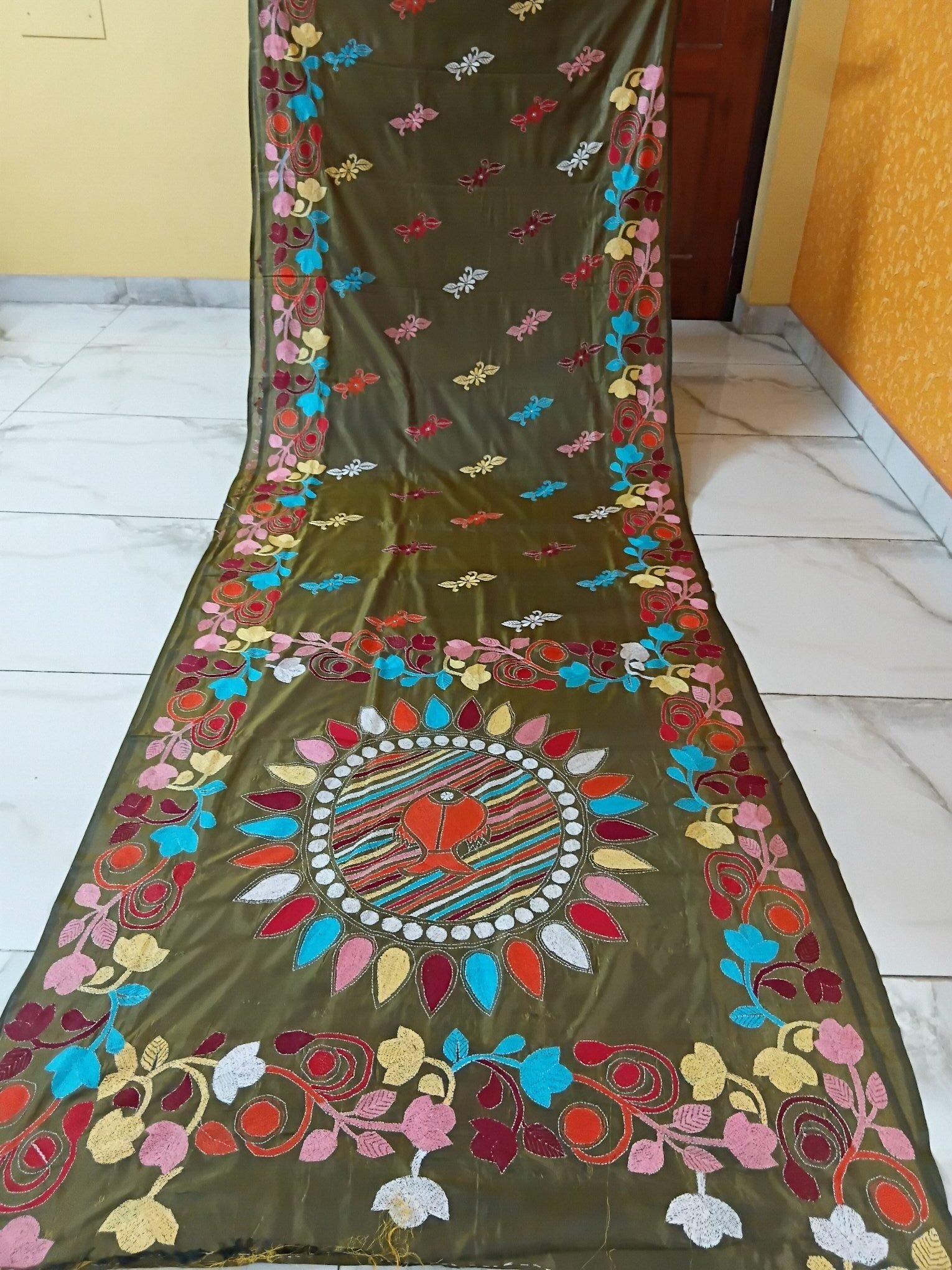 Olive Green Silk Kantha Stitch Saree % kantha stitch saree as009