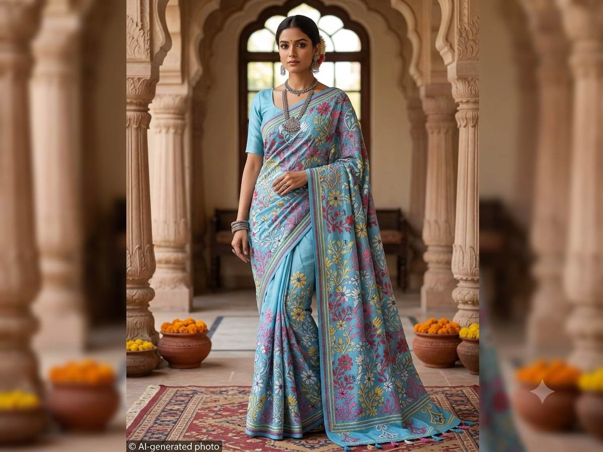 Sky Blue Silk Kantha Stitch Saree % Kantha Stitch Saree as010