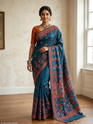 Teal-Green Kantha Stitch Saree