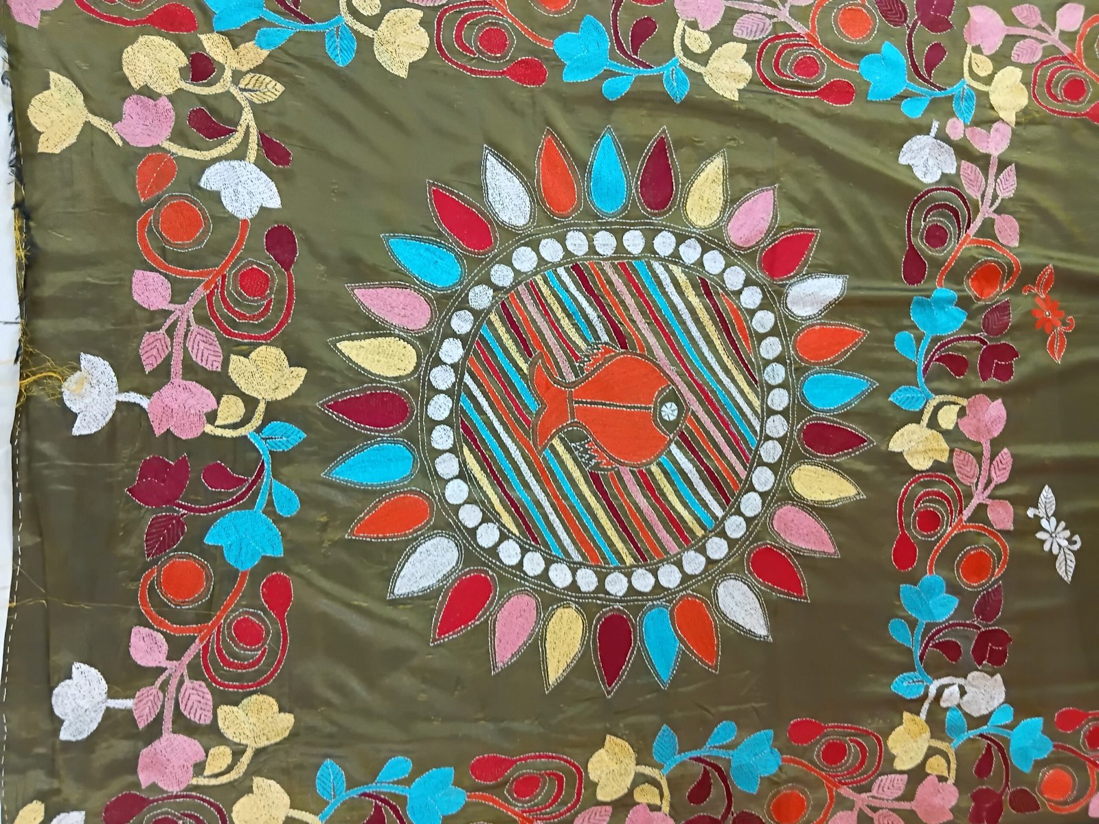Olive Green Silk Kantha Stitch Saree % kantha stitch saree as009