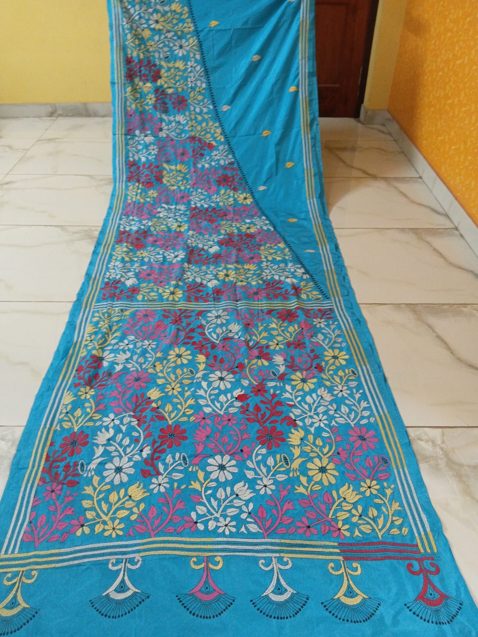 Sky Blue Silk Kantha Stitch Saree % kantha stitch saree as010