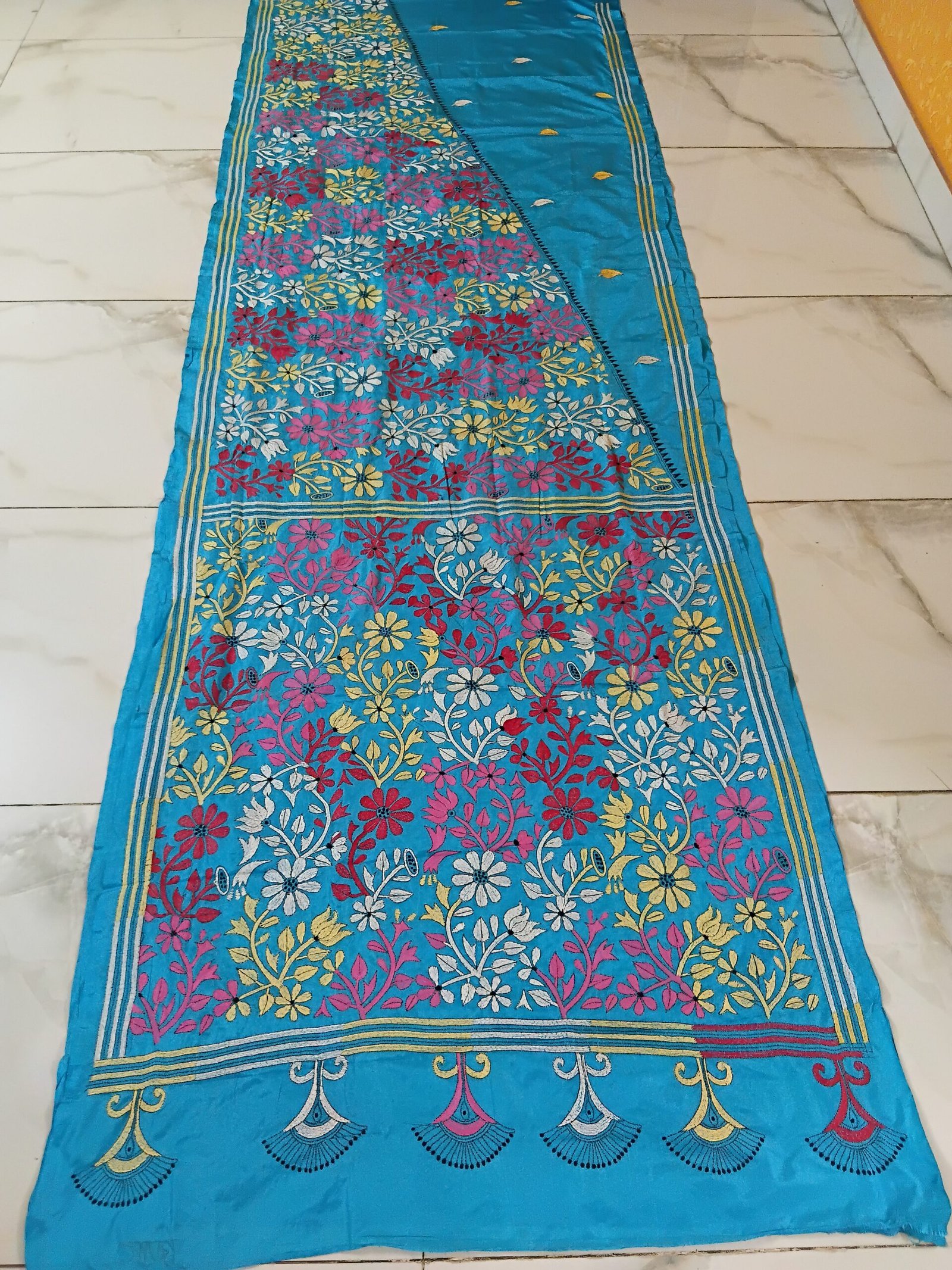 Sky Blue Silk Kantha Stitch Saree % kantha stitch saree as010
