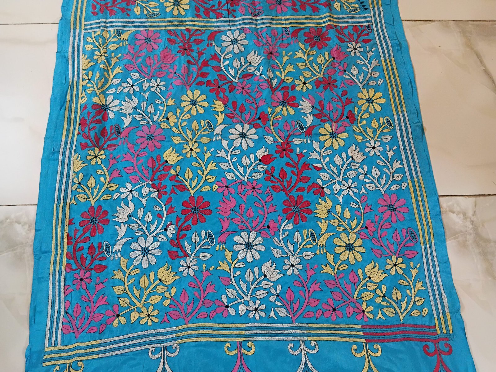 Sky Blue Silk Kantha Stitch Saree % kantha stitch saree as010