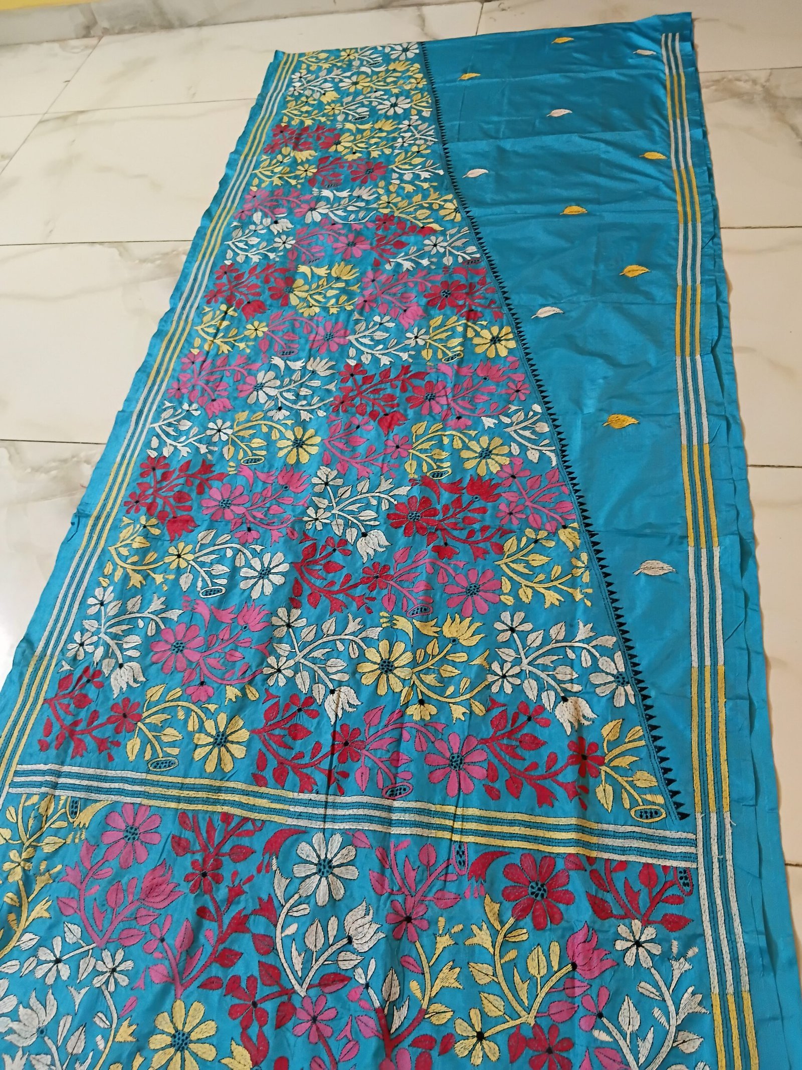 Sky Blue Silk Kantha Stitch Saree % kantha stitch saree as010
