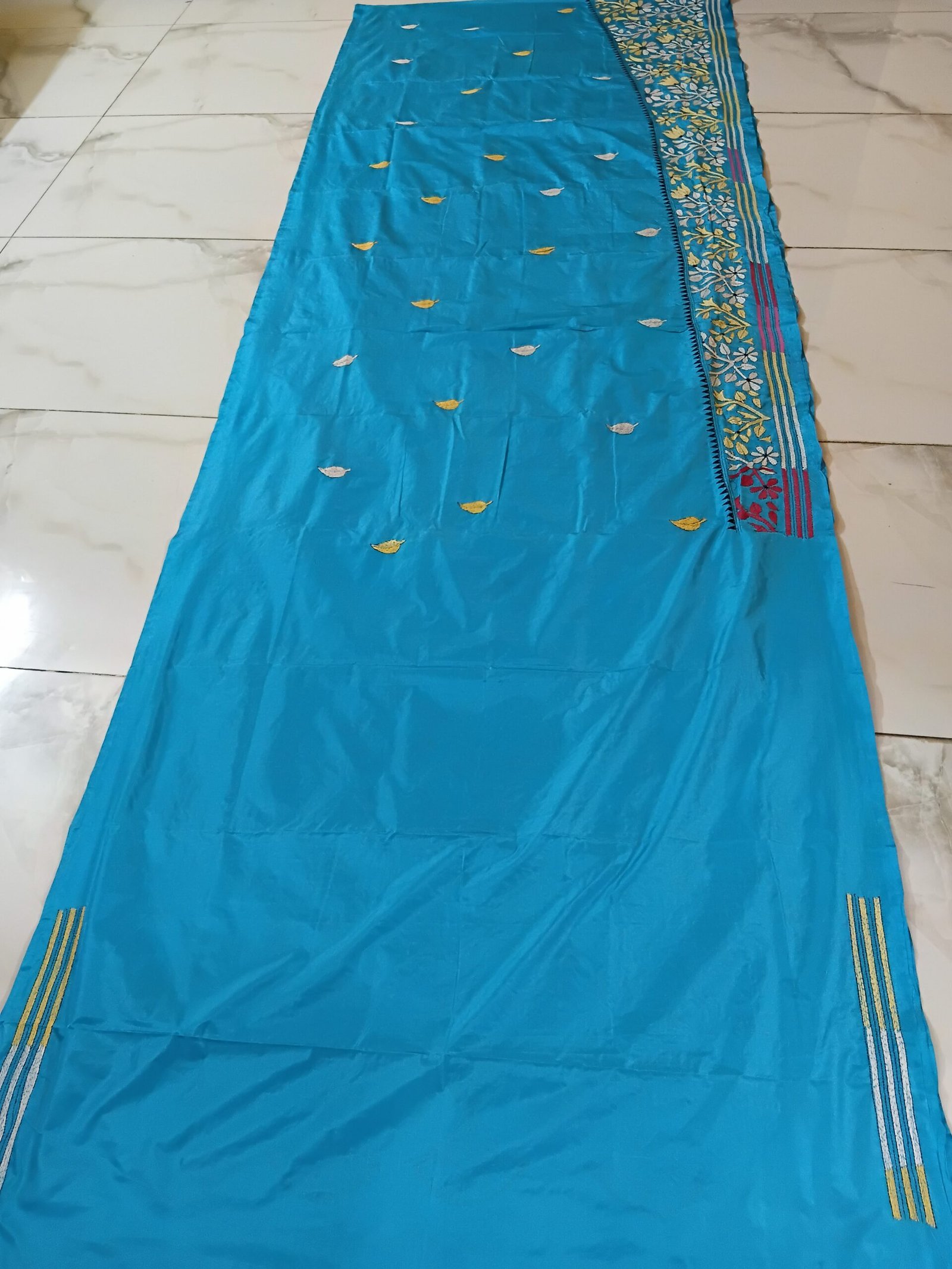 Sky Blue Silk Kantha Stitch Saree % kantha stitch saree as010