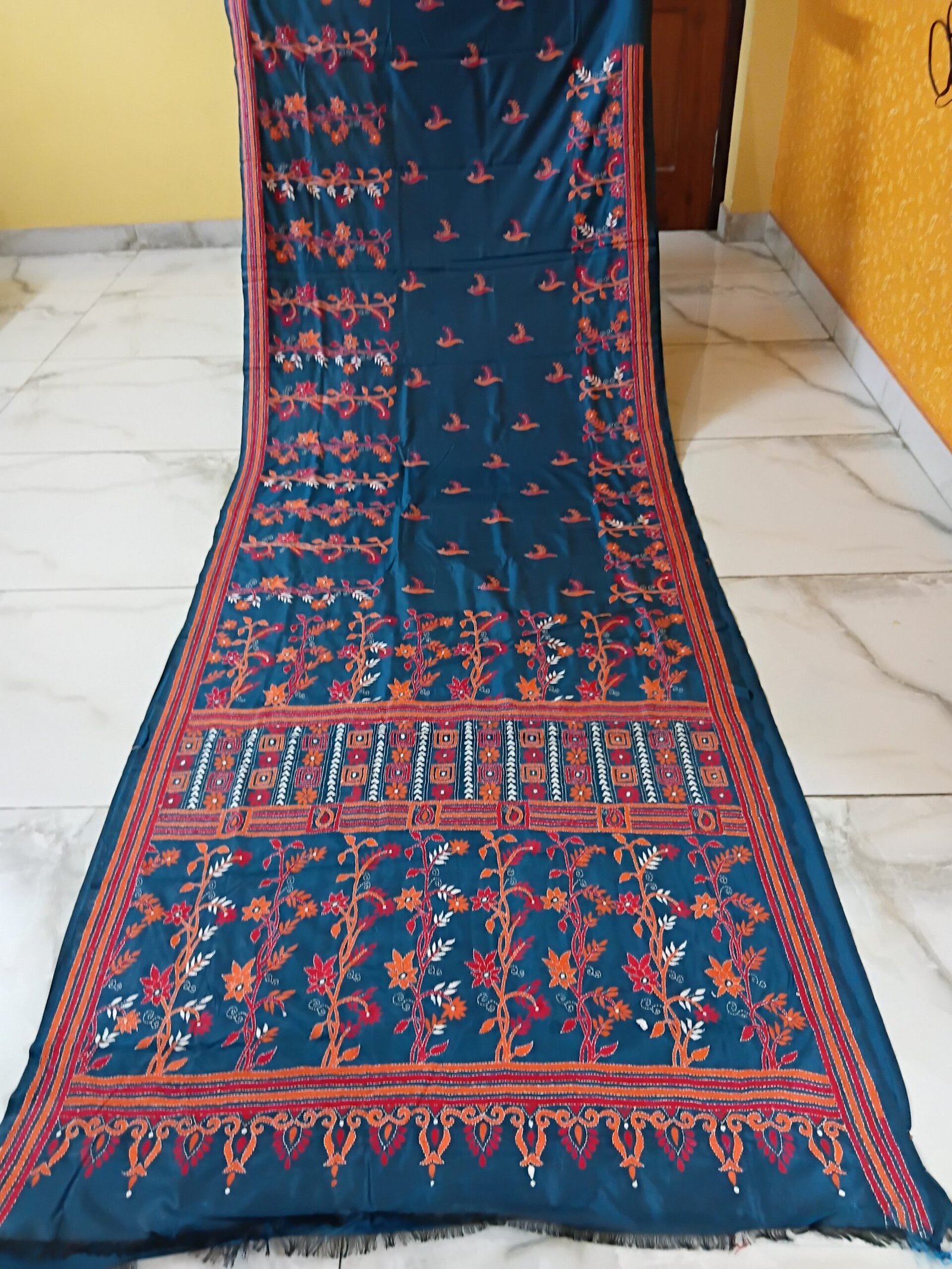 Teal-Green Kantha Stitch Saree % kantha stitch saree as015
