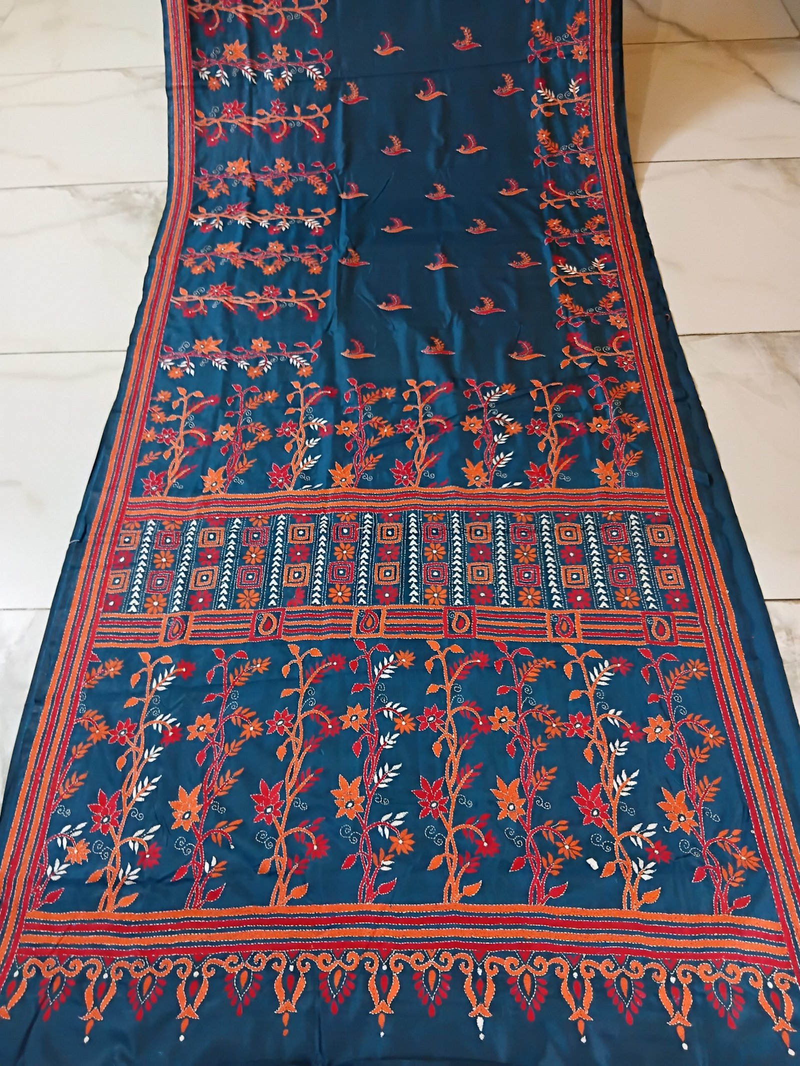 Teal-Green Kantha Stitch Saree % kantha_stitch_saree_as014