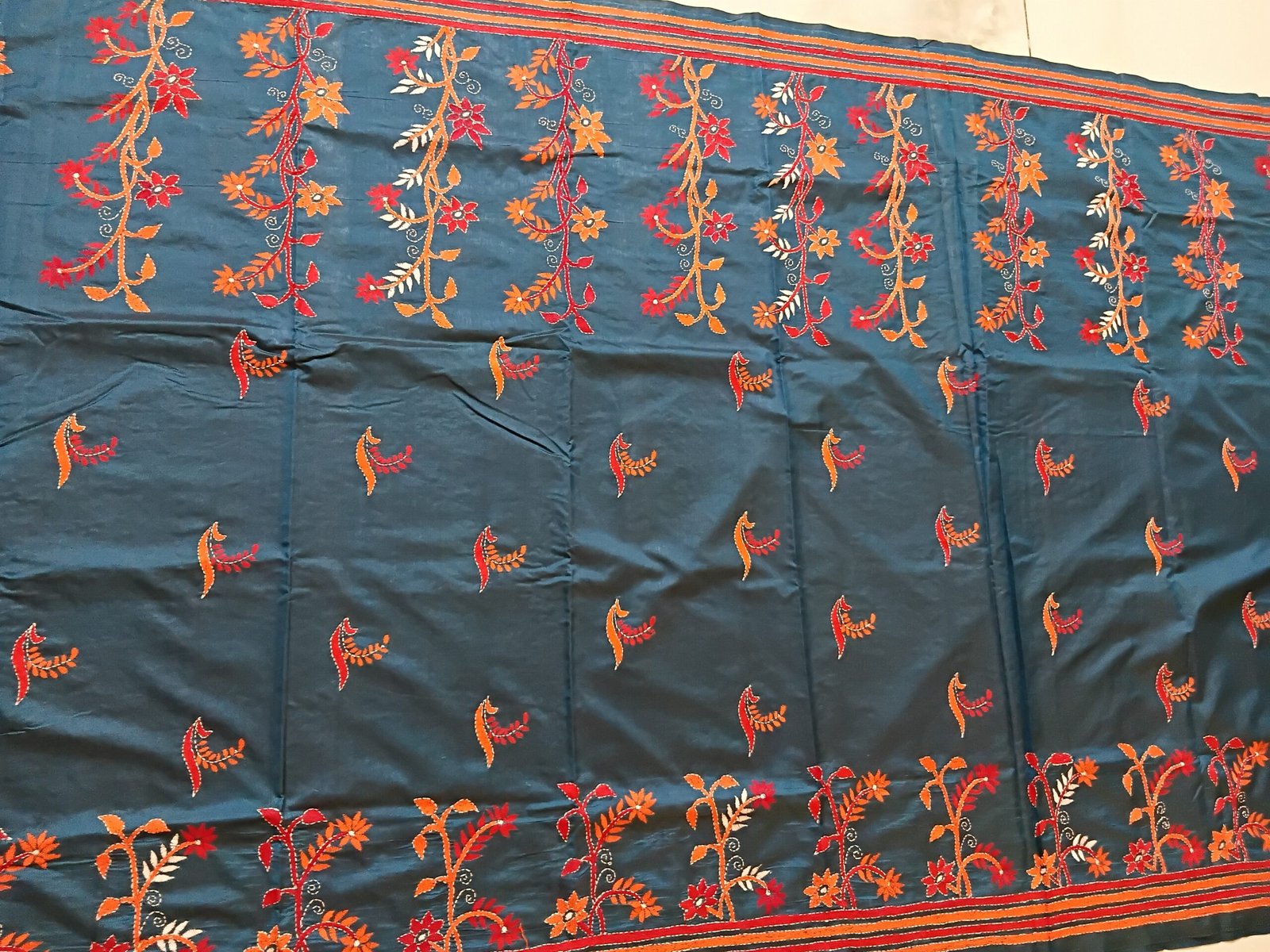 Teal-Green Kantha Stitch Saree % kantha_stitch_saree_as014