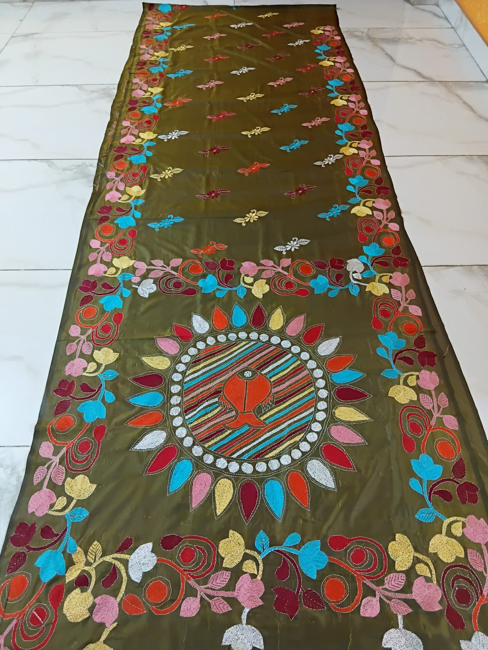 Olive Green Silk Kantha Stitch Saree % kantha stitch saree as009