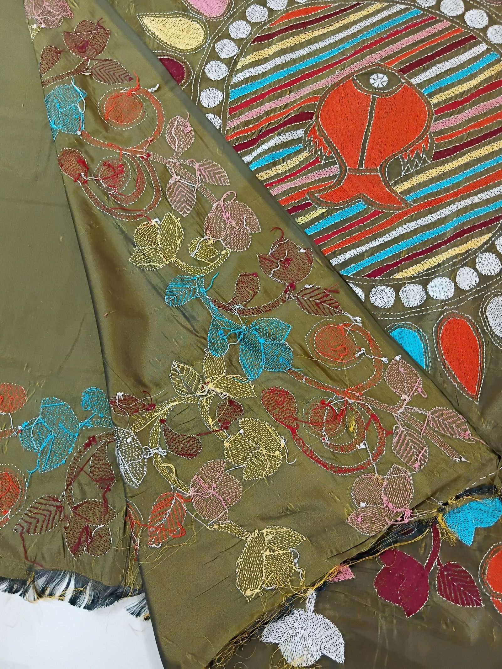 Olive Green Silk Kantha Stitch Saree % kantha stitch saree as009