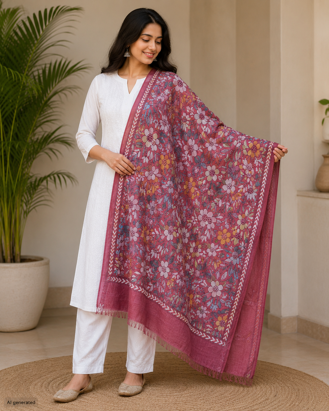 Red Tussar Silk Kantha Stitch Dupatta % kantha stitch dupatta td006