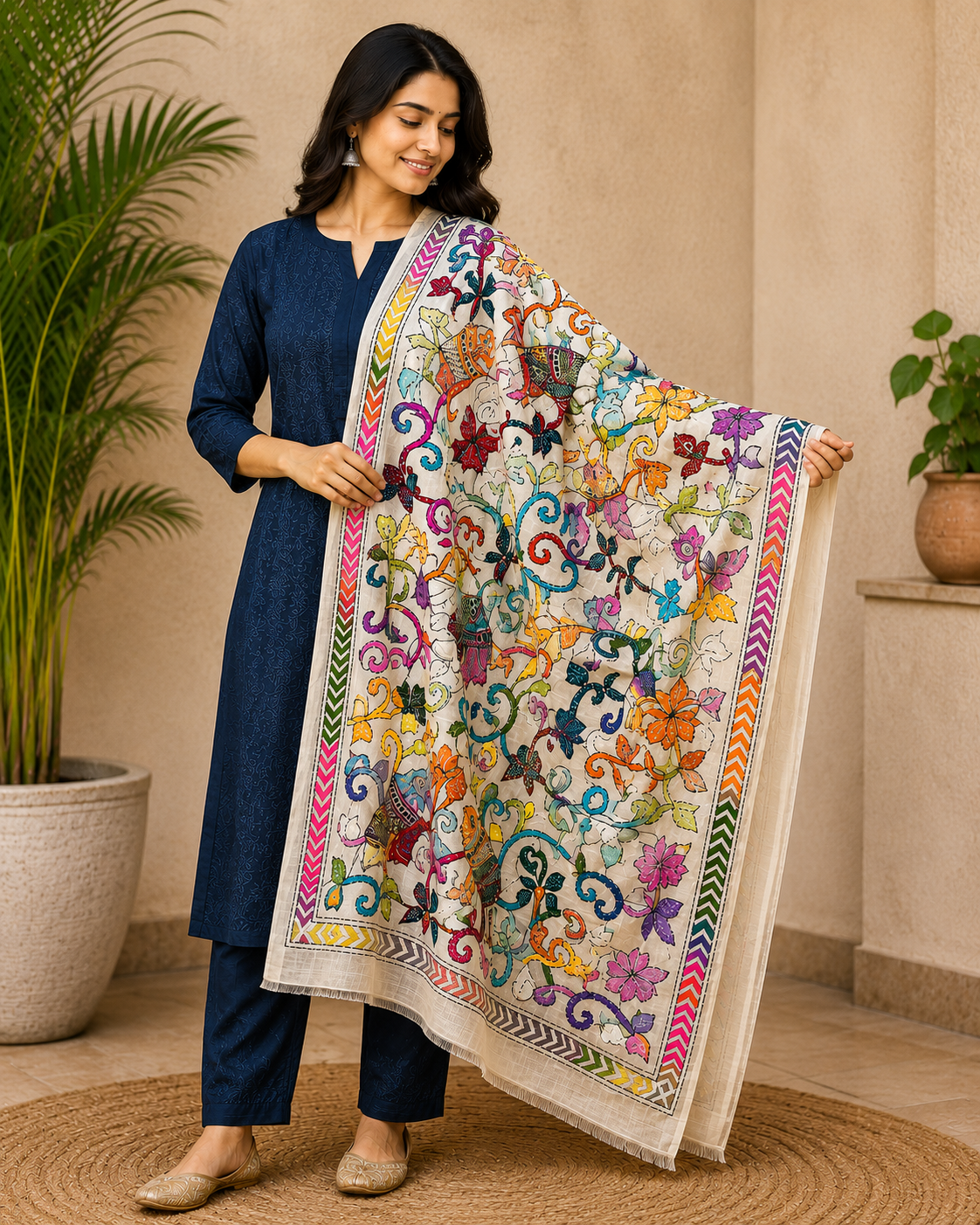 Tussar Silk Kantha Stitch Dupatta % kantha stitch dupatta td001