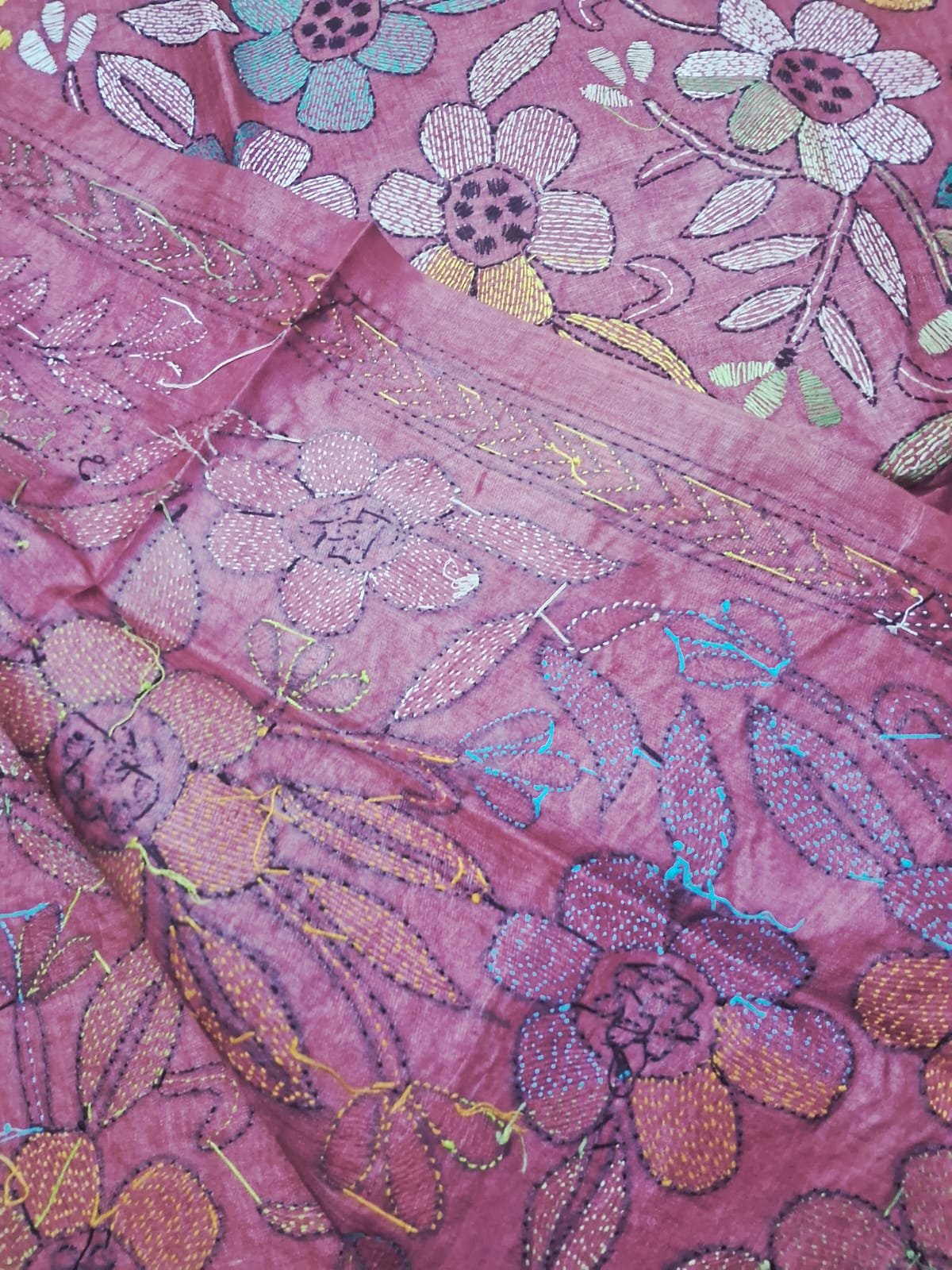 Red Tussar Silk Kantha Stitch Dupatta % kantha_stitch_dupatta_td006