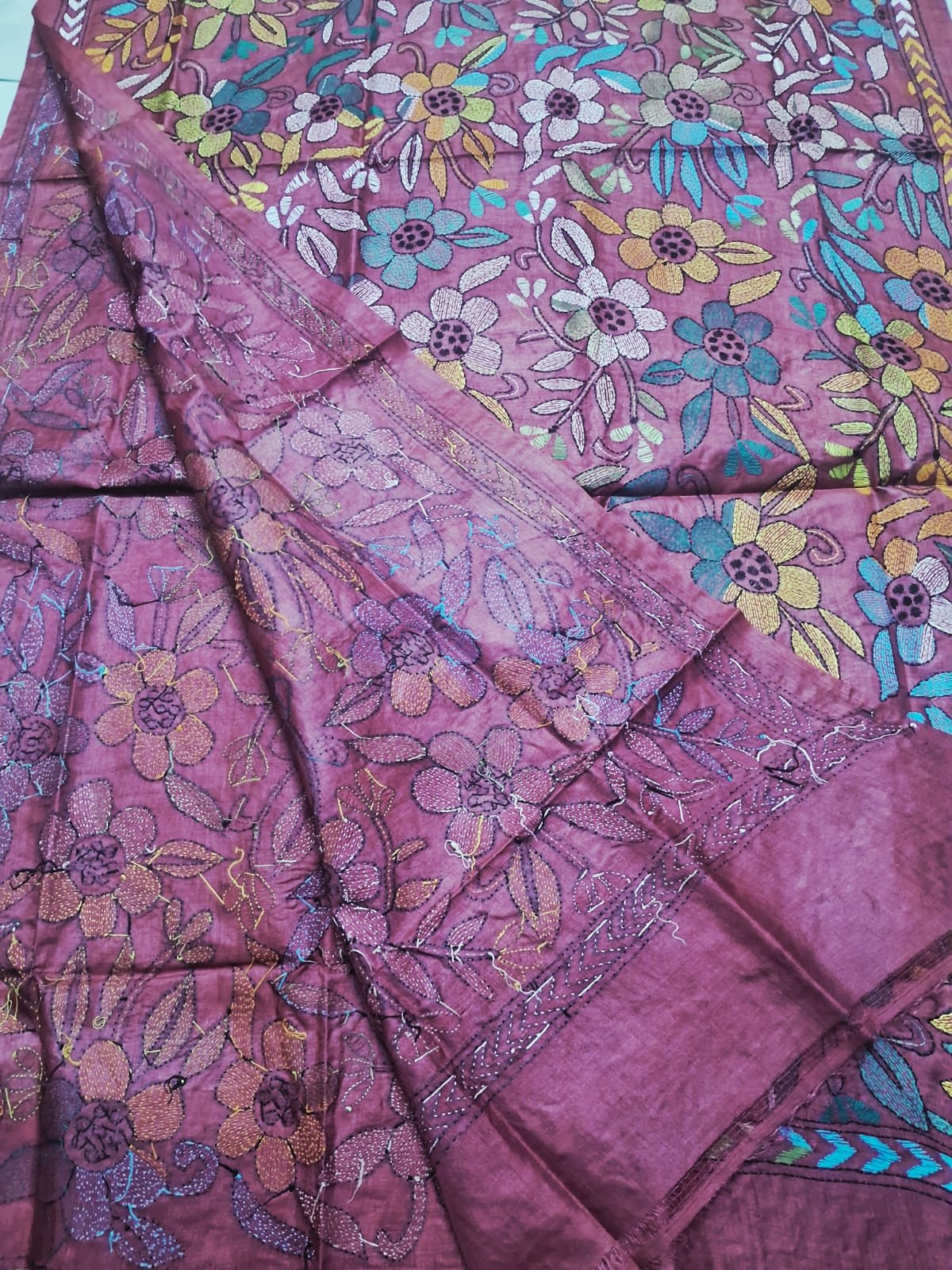 Red Tussar Silk Kantha Stitch Dupatta % kantha_stitch_dupatta_td006