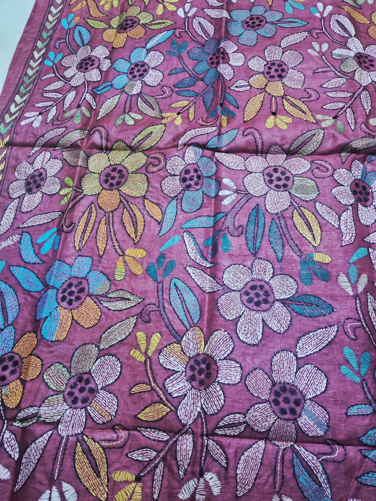 Red Tussar Silk Kantha Stitch Dupatta % kantha_stitch_dupatta_td006