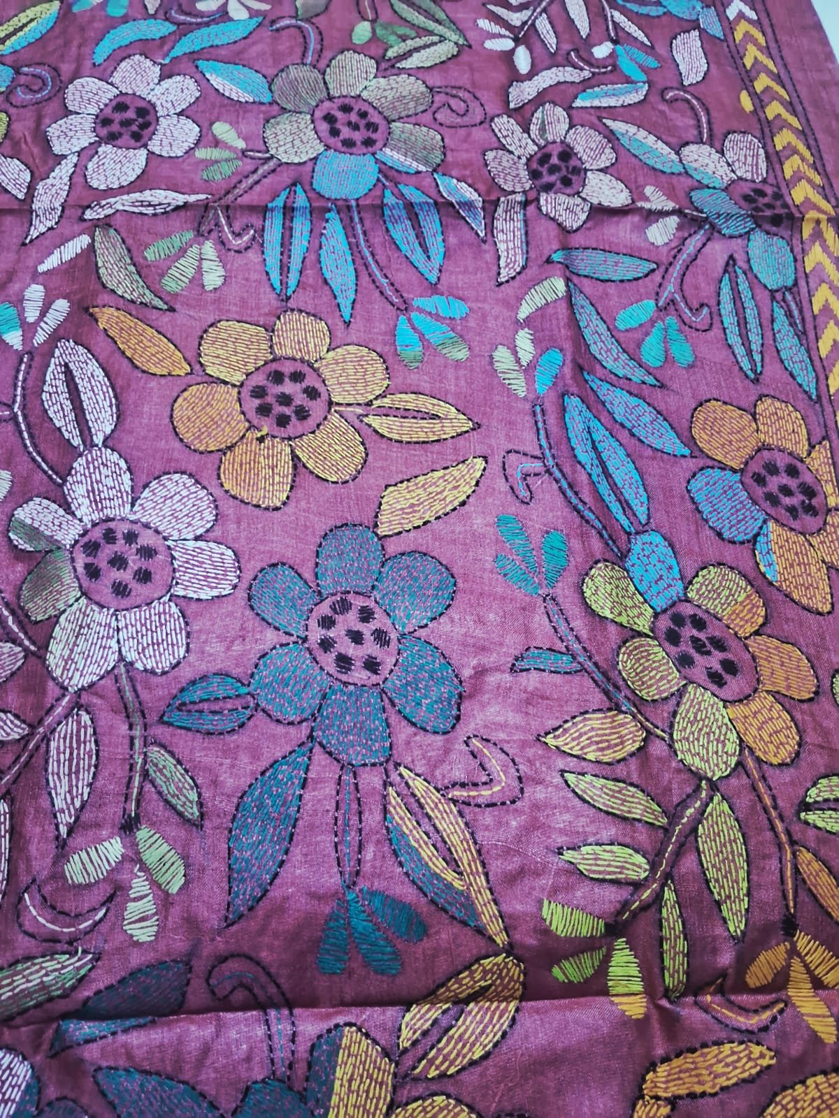 Red Tussar Silk Kantha Stitch Dupatta % kantha_stitch_dupatta_td006