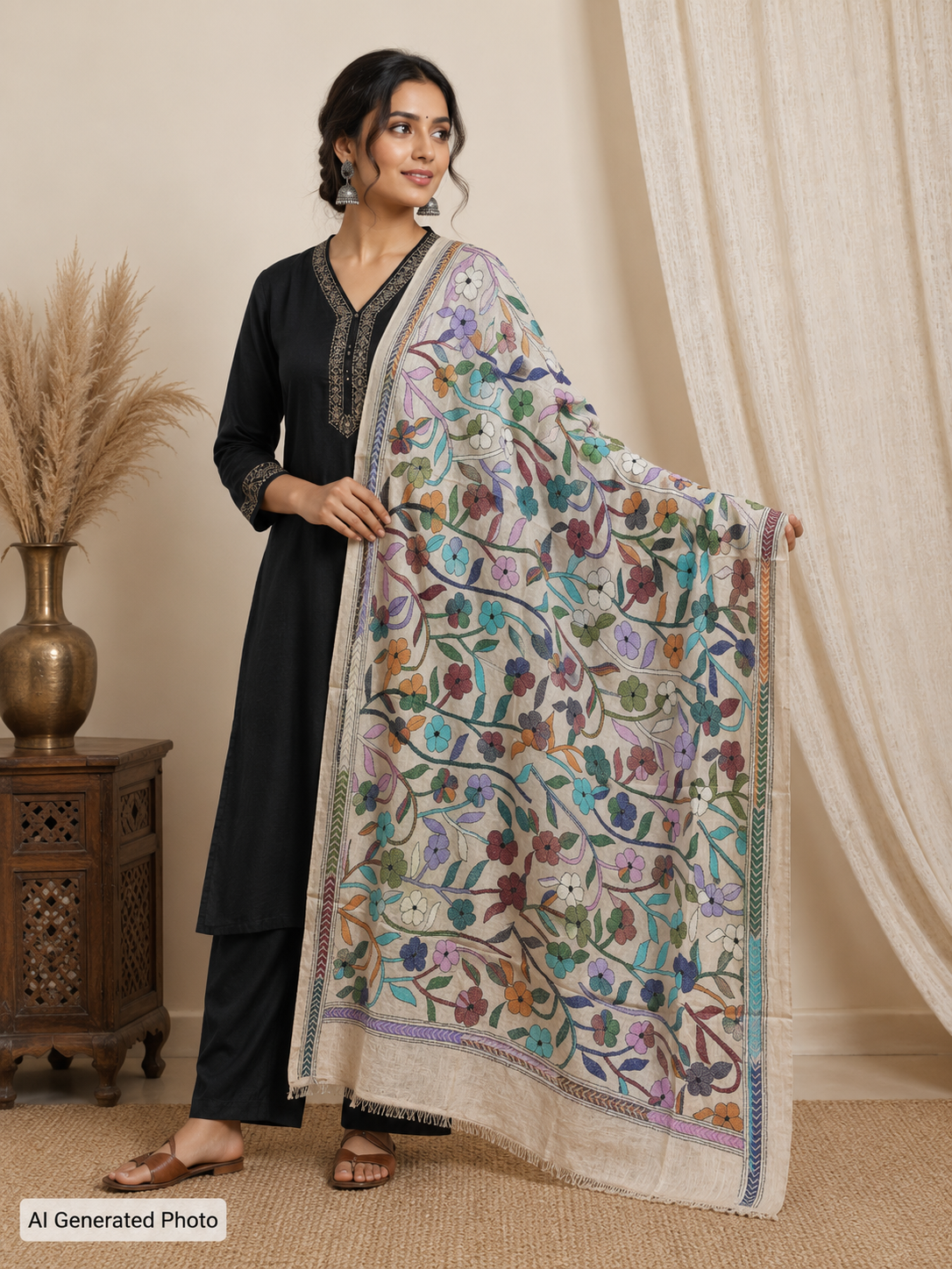 Tussar Silk Kantha Stitch Dupatta % kantha stitch dupatta td002