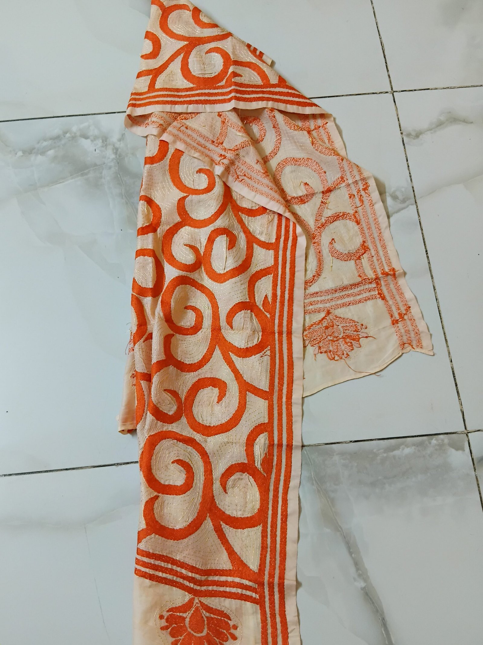 Silk Kantha Stitch Stole or Scarf % Handmade Kantha stitch stole featuring intricate hand embroidery with colorful traditional motifs on soft fabric. This elegant Bengal Kantha stole showcases detailed running-stitch artwork, ethnic craftsmanship, and a beautiful handcrafted texture, making it ideal for Indian ethnic wear, festive occasions, casual styling, gifting, and sustainable handmade fashion.