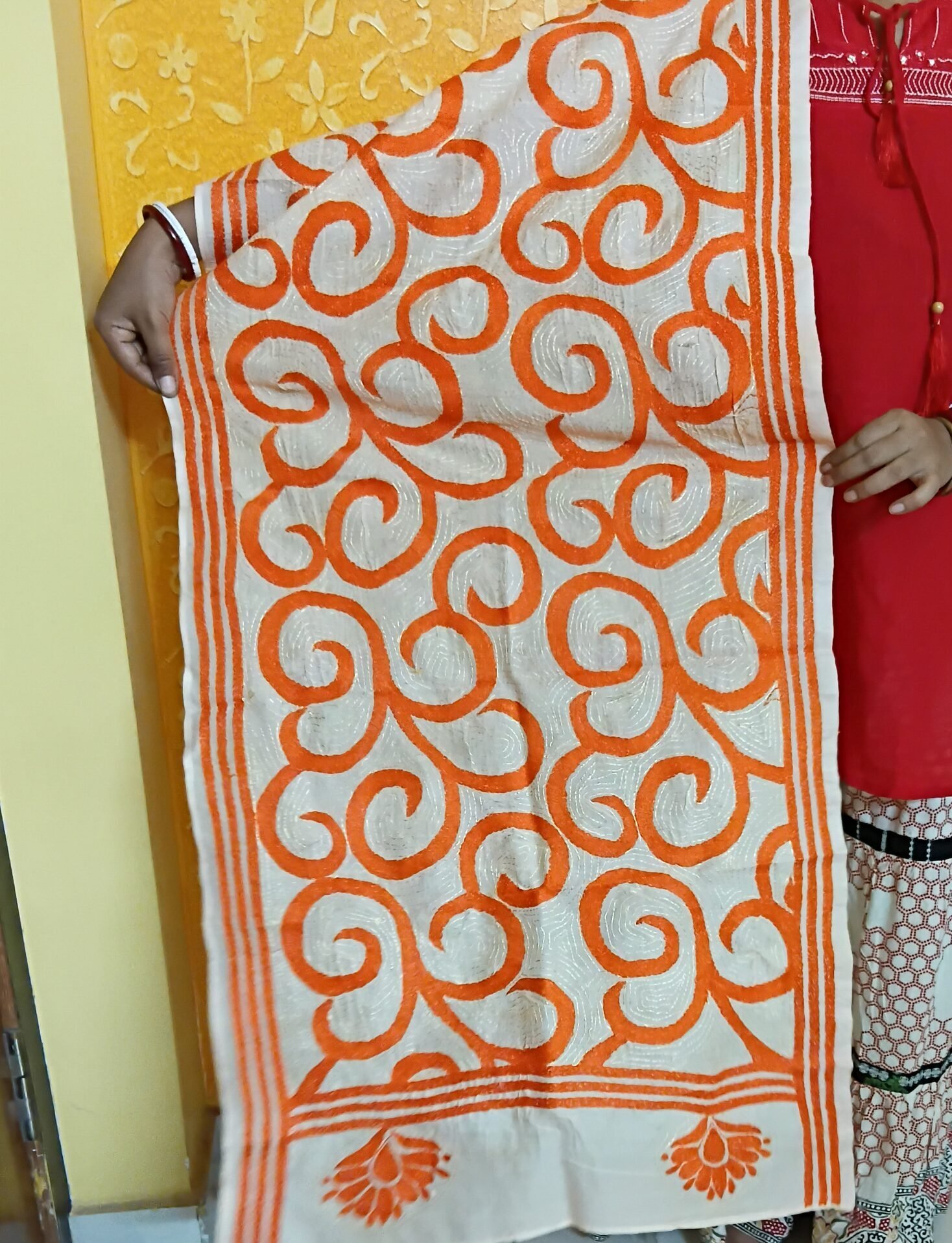 Silk Kantha Stitch Stole or Scarf % Handmade Kantha stitch stole featuring intricate hand embroidery with colorful traditional motifs on soft fabric. This elegant Bengal Kantha stole showcases detailed running-stitch artwork, ethnic craftsmanship, and a beautiful handcrafted texture, making it ideal for Indian ethnic wear, festive occasions, casual styling, gifting, and sustainable handmade fashion.