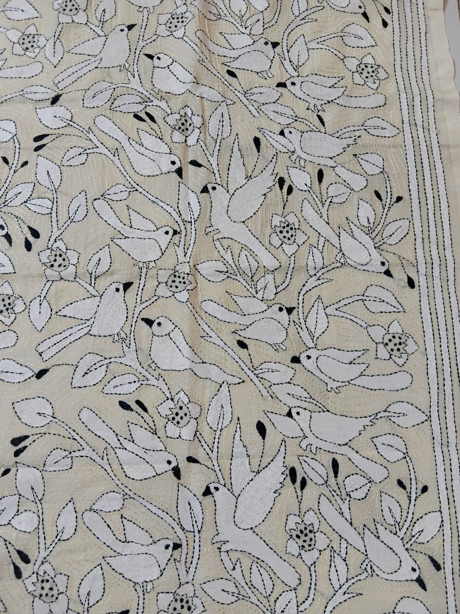 Silk Kantha Stitch Stole or Scarf % Handmade Kantha stitch stole featuring intricate hand embroidery with colorful traditional motifs on soft fabric. This elegant Bengal Kantha stole showcases detailed running-stitch artwork, ethnic craftsmanship, and a beautiful handcrafted texture, making it ideal for Indian ethnic wear, festive occasions, casual styling, gifting, and sustainable handmade fashion.