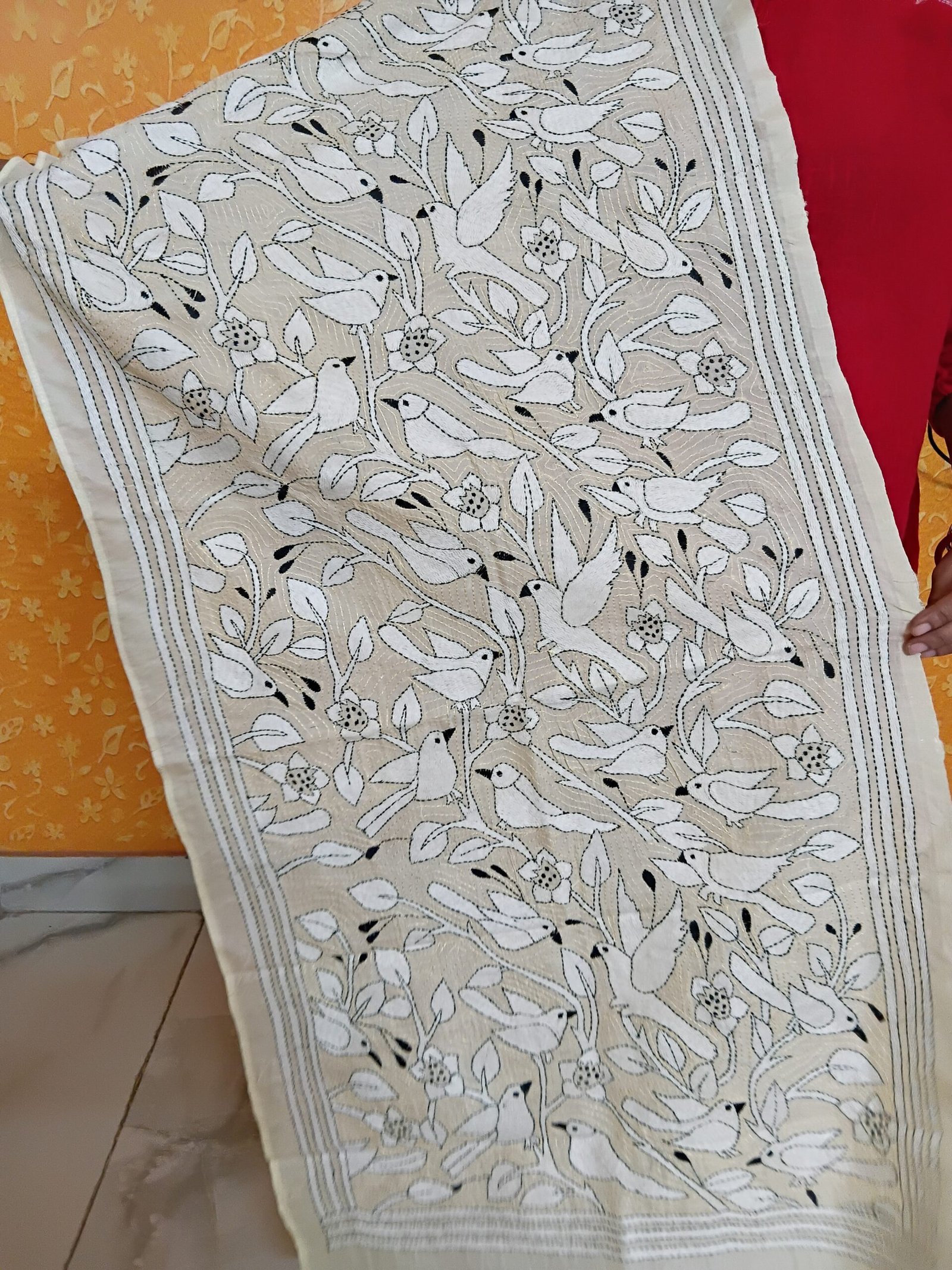 Silk Kantha Stitch Stole or Scarf % Handmade Kantha stitch stole featuring intricate hand embroidery with colorful traditional motifs on soft fabric. This elegant Bengal Kantha stole showcases detailed running-stitch artwork, ethnic craftsmanship, and a beautiful handcrafted texture, making it ideal for Indian ethnic wear, festive occasions, casual styling, gifting, and sustainable handmade fashion.