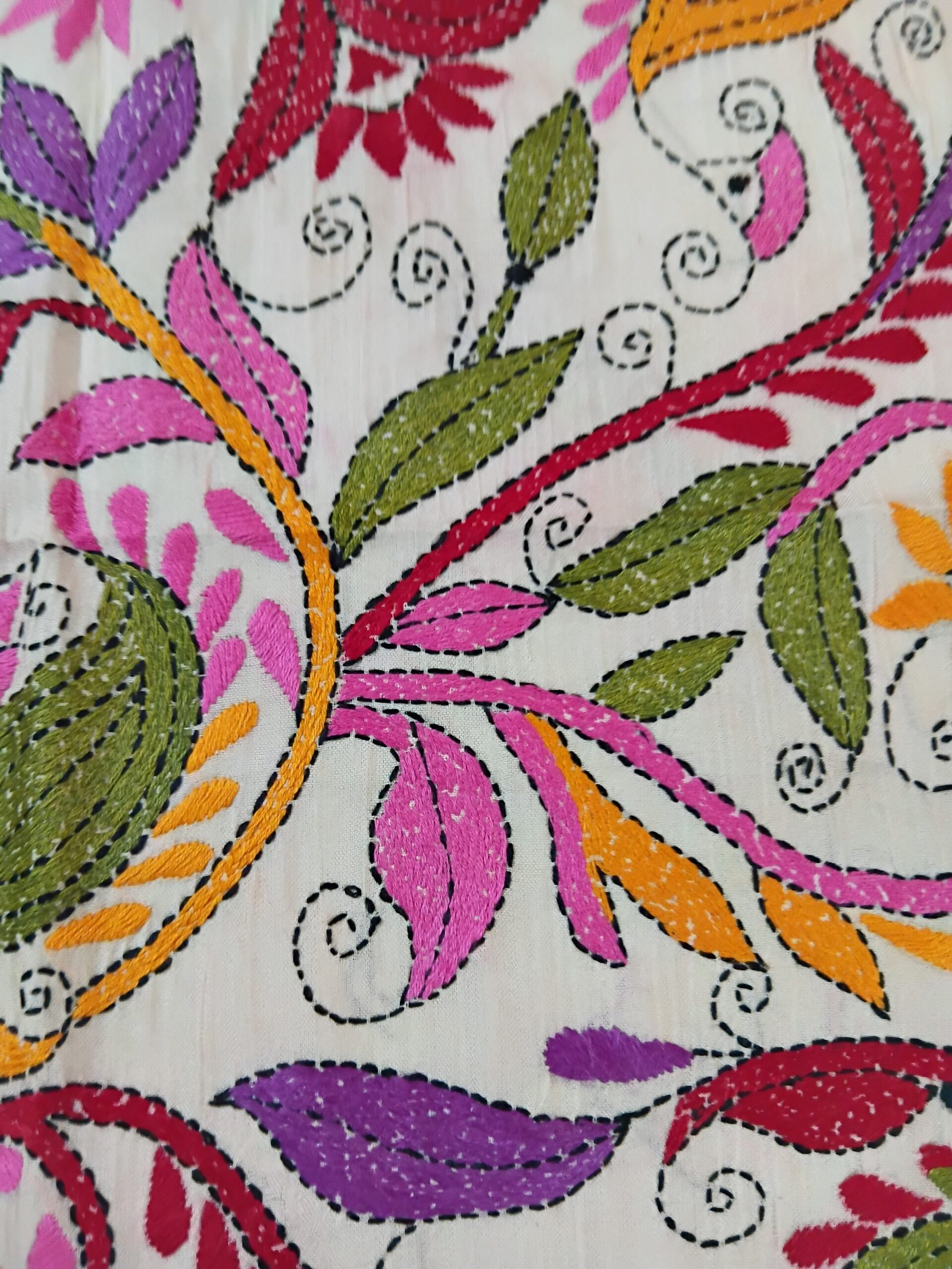 Silk Kantha Stitch Stole or Scarf % Handmade Kantha stitch stole featuring intricate hand embroidery with colorful traditional motifs on soft fabric. This elegant Bengal Kantha stole showcases detailed running-stitch artwork, ethnic craftsmanship, and a beautiful handcrafted texture, making it ideal for Indian ethnic wear, festive occasions, casual styling, gifting, and sustainable handmade fashion.
