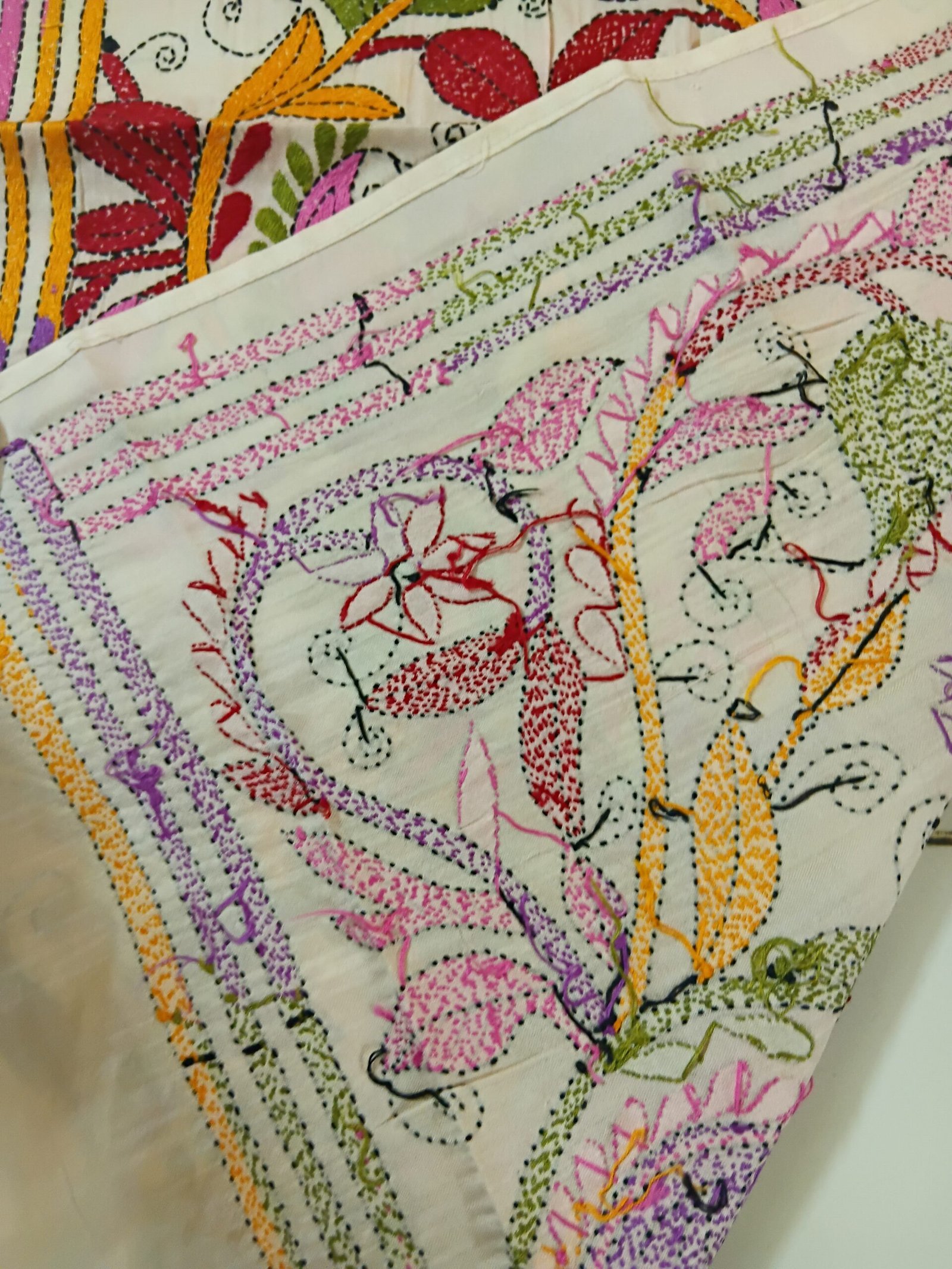 Silk Kantha Stitch Stole or Scarf % Handmade Kantha stitch stole featuring intricate hand embroidery with colorful traditional motifs on soft fabric. This elegant Bengal Kantha stole showcases detailed running-stitch artwork, ethnic craftsmanship, and a beautiful handcrafted texture, making it ideal for Indian ethnic wear, festive occasions, casual styling, gifting, and sustainable handmade fashion.