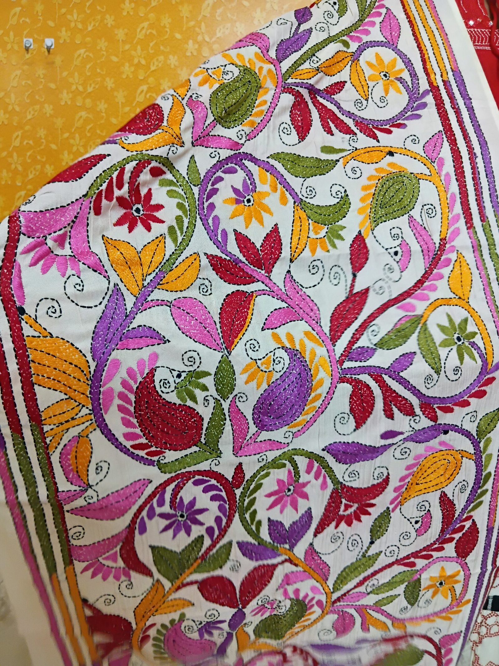 Silk Kantha Stitch Stole or Scarf % Handmade Kantha stitch stole featuring intricate hand embroidery with colorful traditional motifs on soft fabric. This elegant Bengal Kantha stole showcases detailed running-stitch artwork, ethnic craftsmanship, and a beautiful handcrafted texture, making it ideal for Indian ethnic wear, festive occasions, casual styling, gifting, and sustainable handmade fashion.