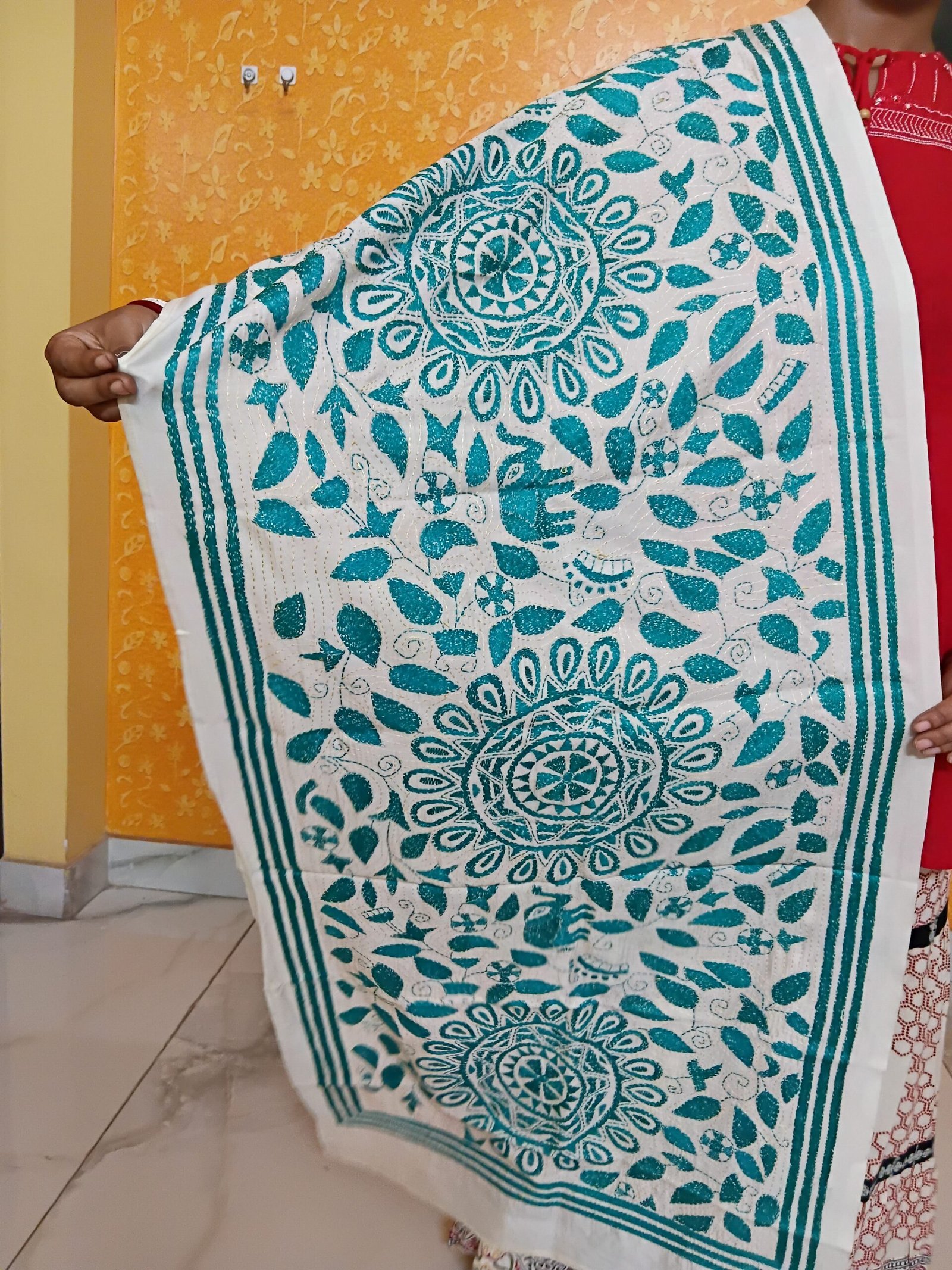 Silk Kantha Stitch Stole or Scarf % Handmade Kantha stitch stole featuring intricate hand embroidery with colorful traditional motifs on soft fabric. This elegant Bengal Kantha stole showcases detailed running-stitch artwork, ethnic craftsmanship, and a beautiful handcrafted texture, making it ideal for Indian ethnic wear, festive occasions, casual styling, gifting, and sustainable handmade fashion.