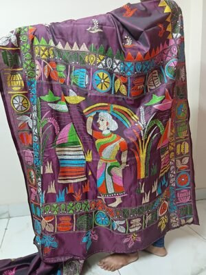Maroon Silk Kantha Stitch Saree