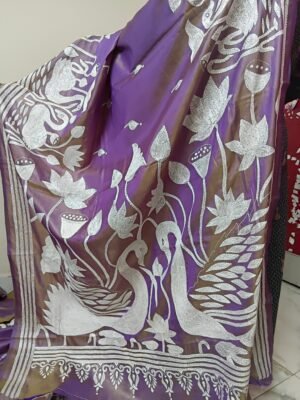 Purple Silk Kantha Stitch Saree