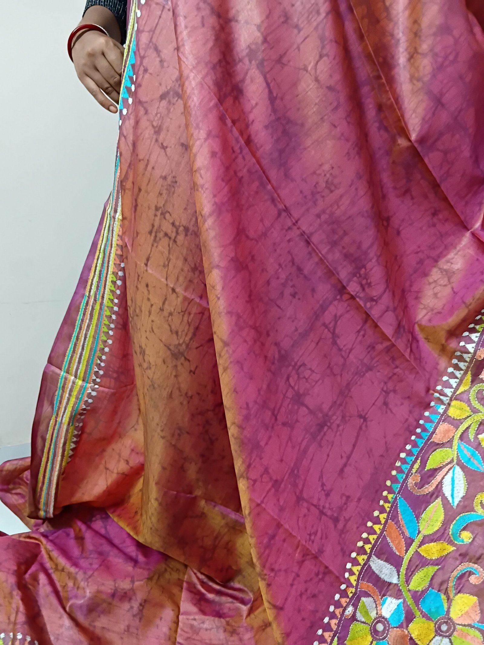 Batik Silk Kantha Stitch Saree % Handmade wax batik blended Bangalore silk Kantha stitch saree featuring beautiful batik patterns combined with intricate hand embroidery and traditional Bengal Kantha stitch work. This elegant Indian saree showcases rich textures, artistic motifs, handcrafted detailing, and traditional craftsmanship, making it perfect for festive occasions, weddings, ethnic wear, special events, and gifting.
