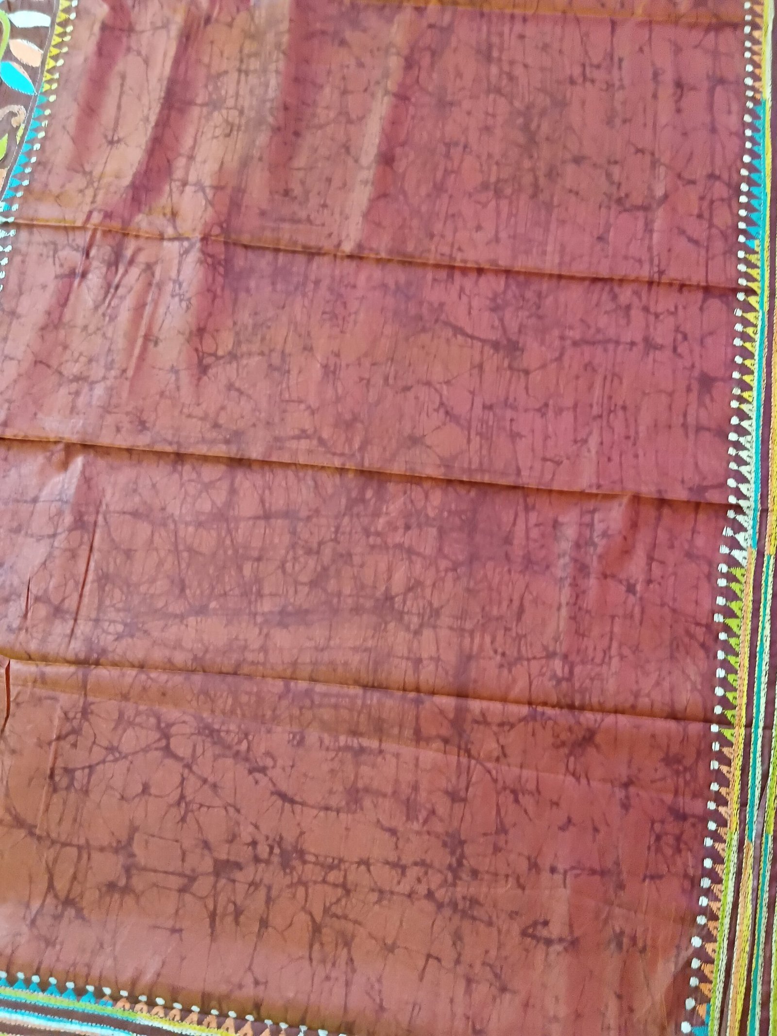Batik Silk Kantha Stitch Saree % Handmade wax batik blended Bangalore silk Kantha stitch saree featuring beautiful batik patterns combined with intricate hand embroidery and traditional Bengal Kantha stitch work. This elegant Indian saree showcases rich textures, artistic motifs, handcrafted detailing, and traditional craftsmanship, making it perfect for festive occasions, weddings, ethnic wear, special events, and gifting.