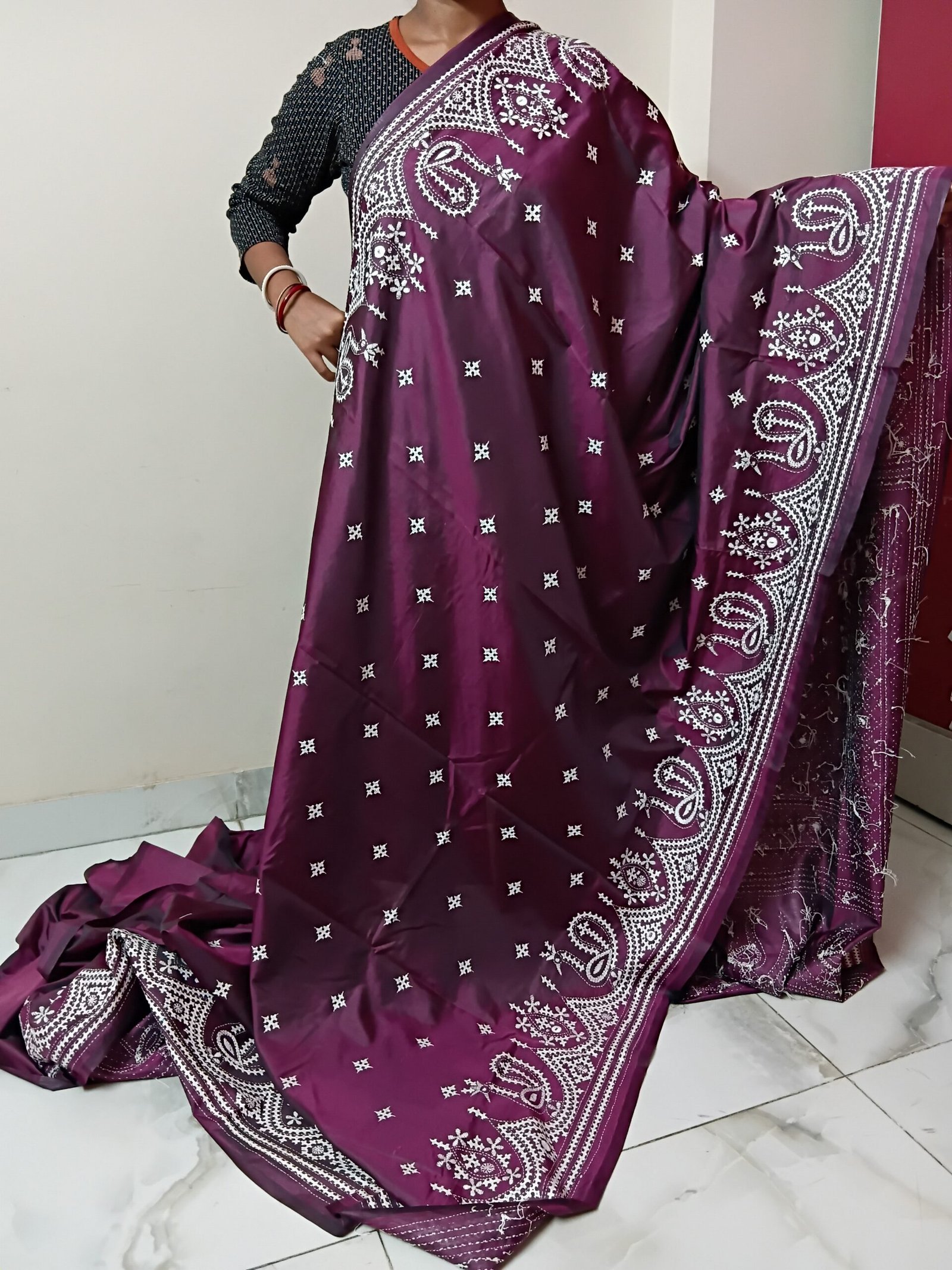 Maroon Silk Gujarati Stitch Saree % Maroon Silk Kantha Stitch Saree. Handmade Kantha stitch blended Bangalore silk saree featuring intricate hand embroidery and traditional Bengal Kantha motifs. This elegant Indian saree showcases detailed running stitch work, rich texture, and artisanal craftsmanship, making it ideal for festive occasions, weddings, ethnic wear, special events, and gifting.