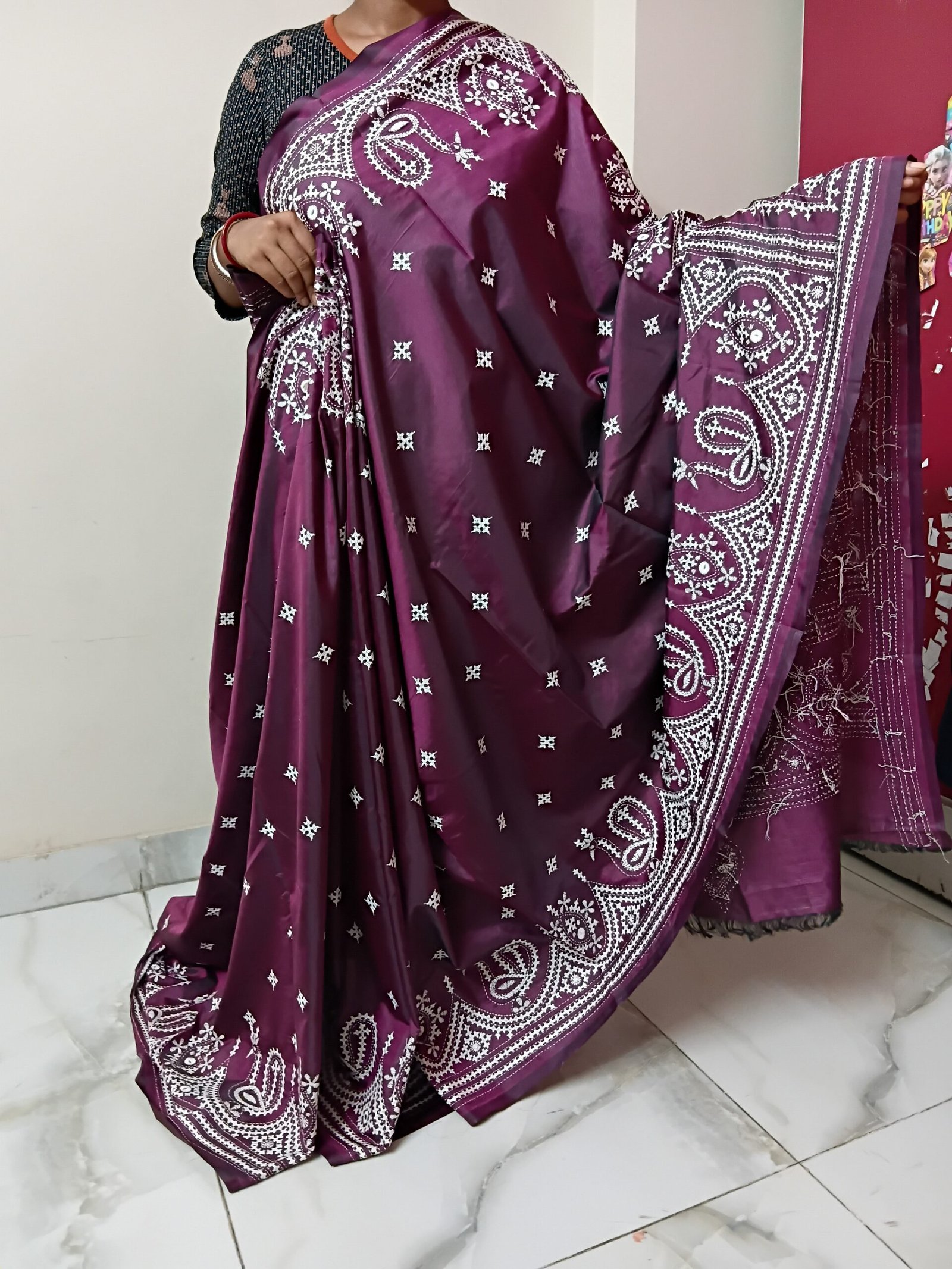 Maroon Silk Gujarati Stitch Saree % Maroon Silk Kantha Stitch Saree. Handmade Kantha stitch blended Bangalore silk saree featuring intricate hand embroidery and traditional Bengal Kantha motifs. This elegant Indian saree showcases detailed running stitch work, rich texture, and artisanal craftsmanship, making it ideal for festive occasions, weddings, ethnic wear, special events, and gifting.
