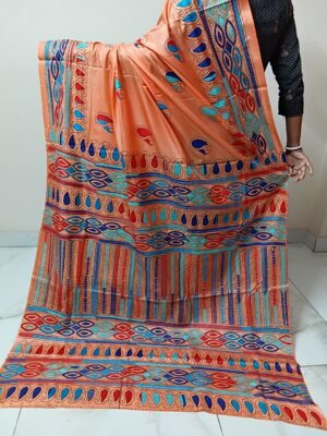 Orange Silk Kantha Stitch Saree