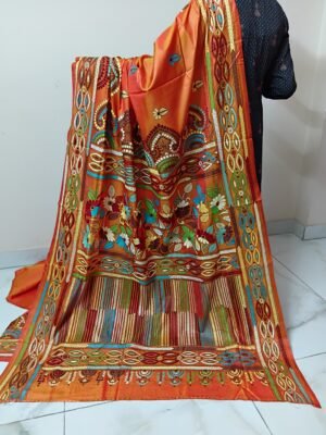 Orange Silk Kantha Stitch Saree