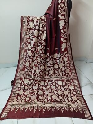 Maroon Silk Kantha Stitch Saree