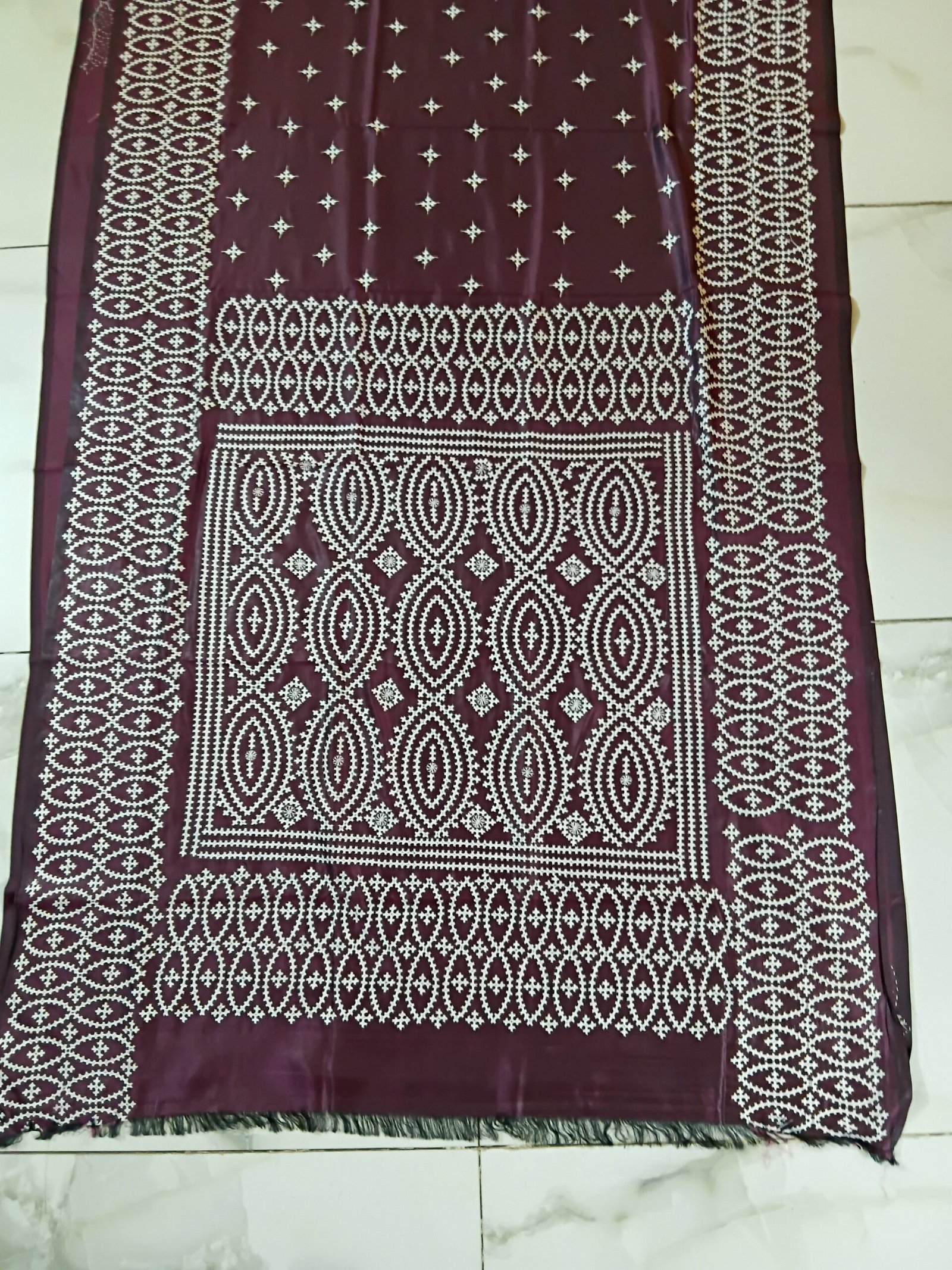 Maroon Silk Gujarati Stitch Saree % Maroon Silk Kantha Stitch Saree. Handmade Kantha stitch blended Bangalore silk saree featuring intricate hand embroidery and traditional Bengal Kantha motifs. This elegant Indian saree showcases detailed running stitch work, rich texture, and artisanal craftsmanship, making it ideal for festive occasions, weddings, ethnic wear, special events, and gifting.