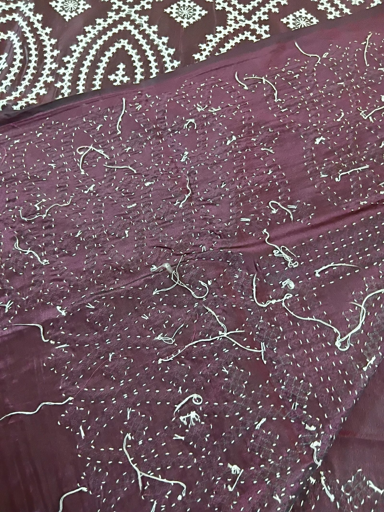 Maroon Silk Gujarati Stitch Saree % Maroon Silk Kantha Stitch Saree. Handmade Kantha stitch blended Bangalore silk saree featuring intricate hand embroidery and traditional Bengal Kantha motifs. This elegant Indian saree showcases detailed running stitch work, rich texture, and artisanal craftsmanship, making it ideal for festive occasions, weddings, ethnic wear, special events, and gifting.
