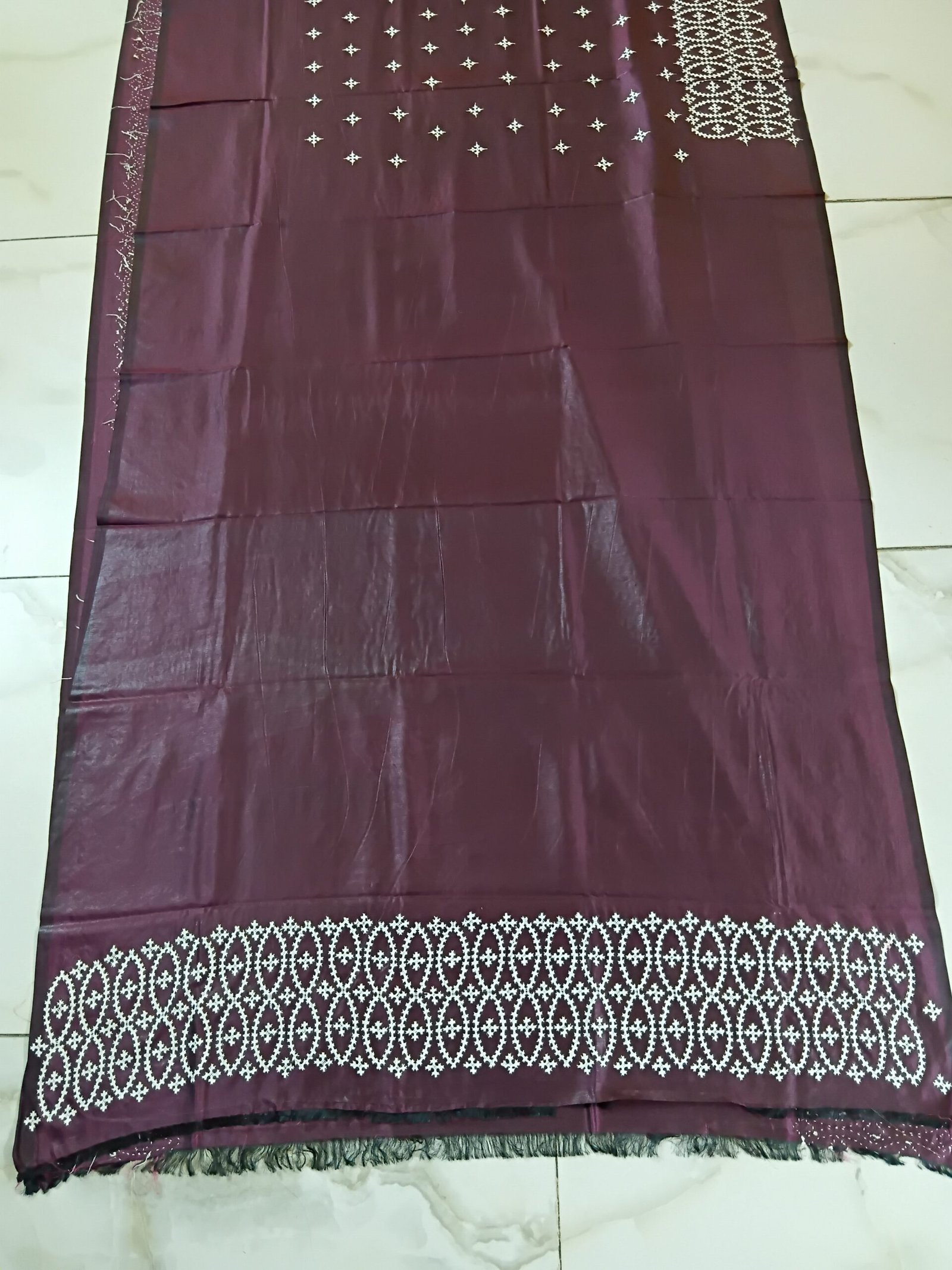 Maroon Silk Gujarati Stitch Saree % Maroon Silk Kantha Stitch Saree. Handmade Kantha stitch blended Bangalore silk saree featuring intricate hand embroidery and traditional Bengal Kantha motifs. This elegant Indian saree showcases detailed running stitch work, rich texture, and artisanal craftsmanship, making it ideal for festive occasions, weddings, ethnic wear, special events, and gifting.