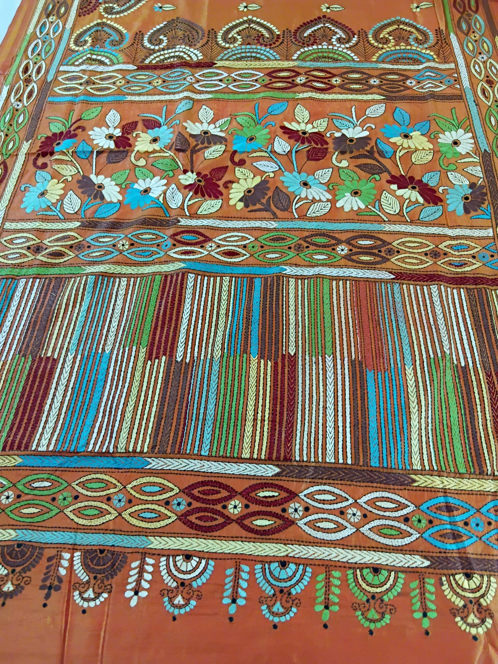 Orange Silk Kantha Stitch Saree % Orange Silk Kantha Stitch Saree. Handmade Kantha stitch blended Bangalore silk saree featuring intricate hand embroidery and traditional Bengal Kantha motifs. This elegant Indian saree showcases detailed running stitch work, rich texture, and artisanal craftsmanship, making it ideal for festive occasions, weddings, ethnic wear, special events, and gifting.