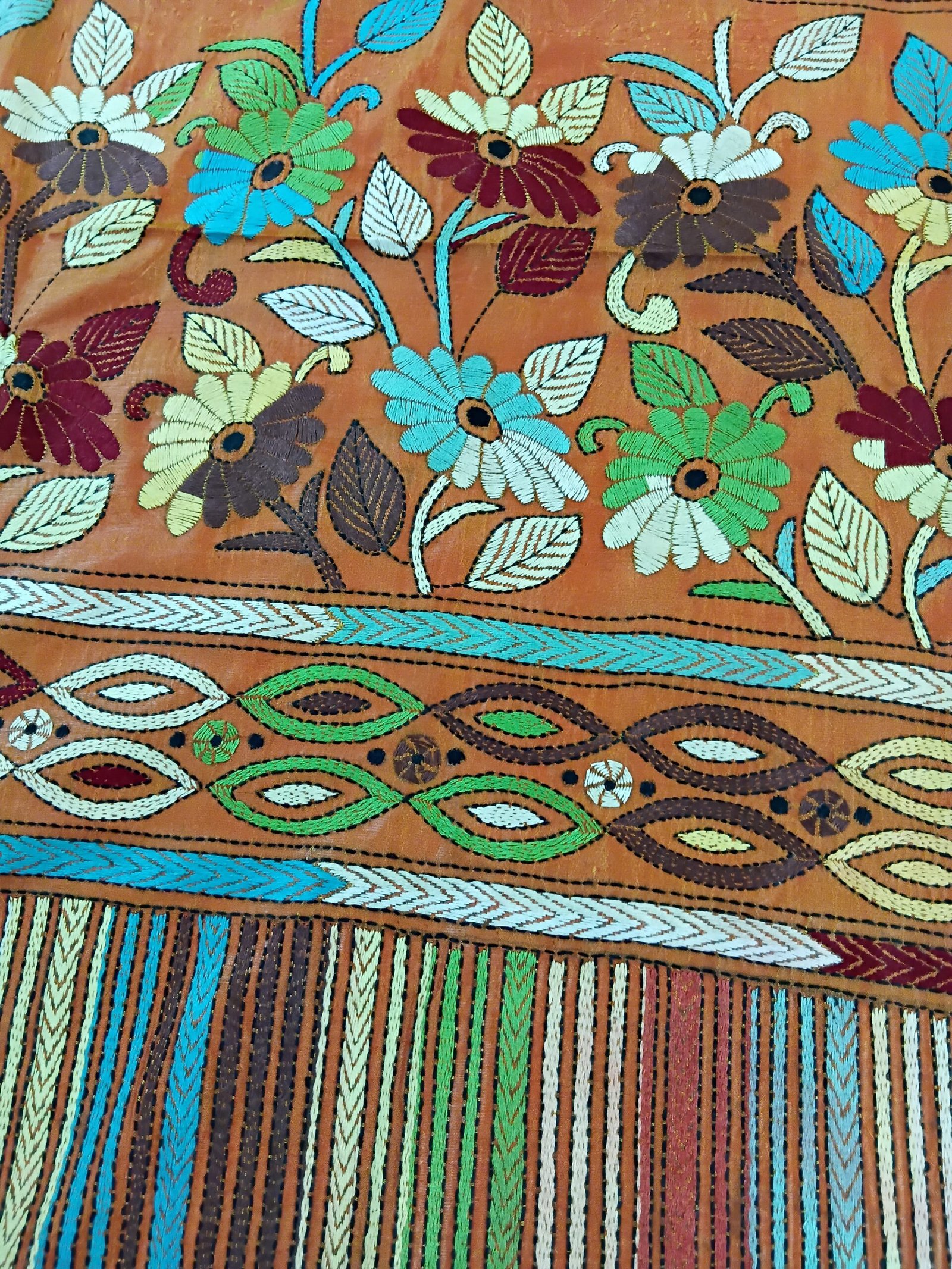 Orange Silk Kantha Stitch Saree % Orange Silk Kantha Stitch Saree. Handmade Kantha stitch blended Bangalore silk saree featuring intricate hand embroidery and traditional Bengal Kantha motifs. This elegant Indian saree showcases detailed running stitch work, rich texture, and artisanal craftsmanship, making it ideal for festive occasions, weddings, ethnic wear, special events, and gifting.