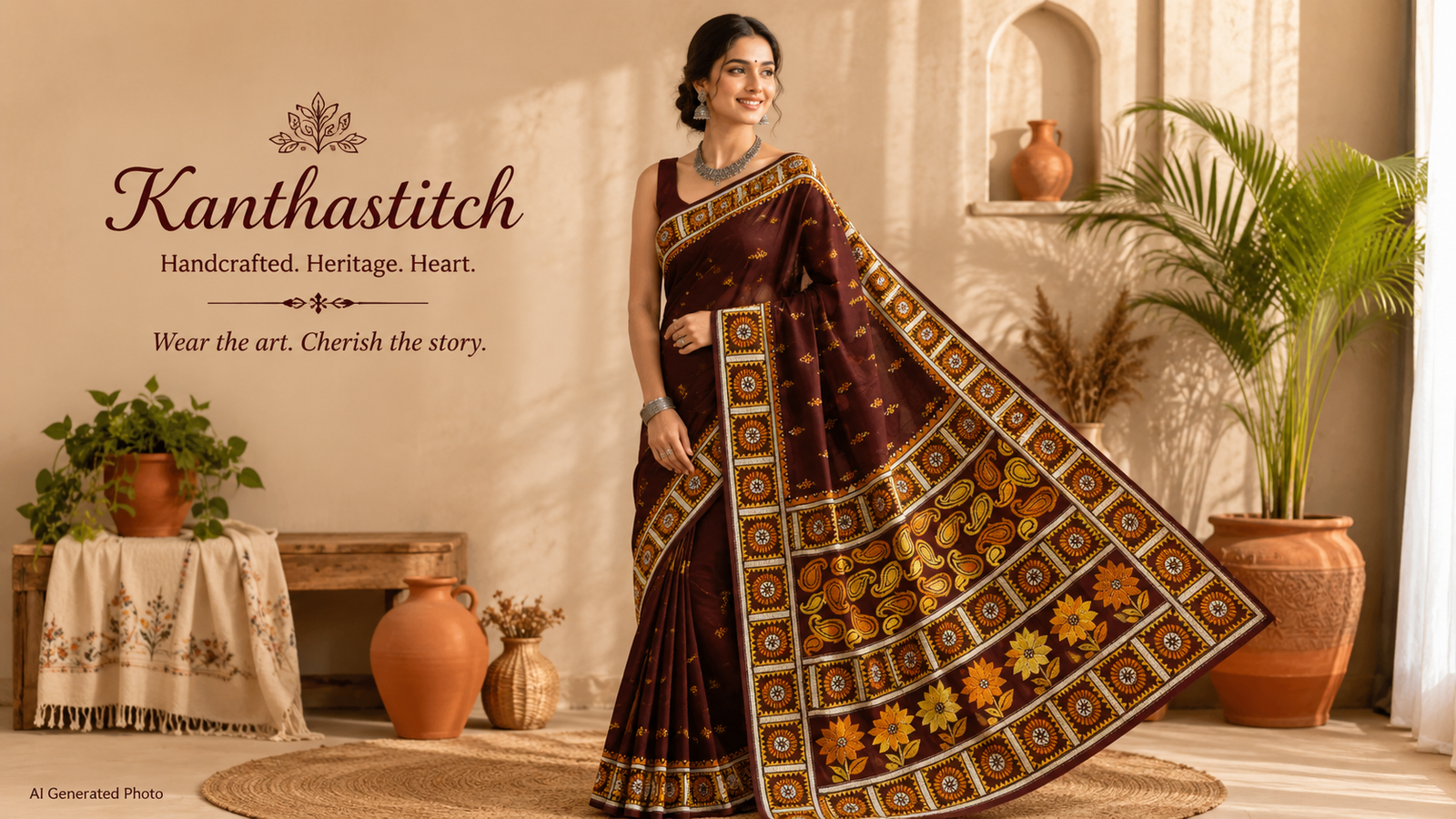 Handcrafted brown Bengal Kantha stitch saree with colorful floral embroidery