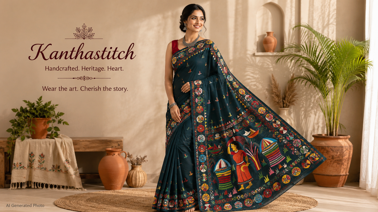 Handcrafted teal green Bengal Kantha stitch saree with colorful folk-art embroidery and village motifs