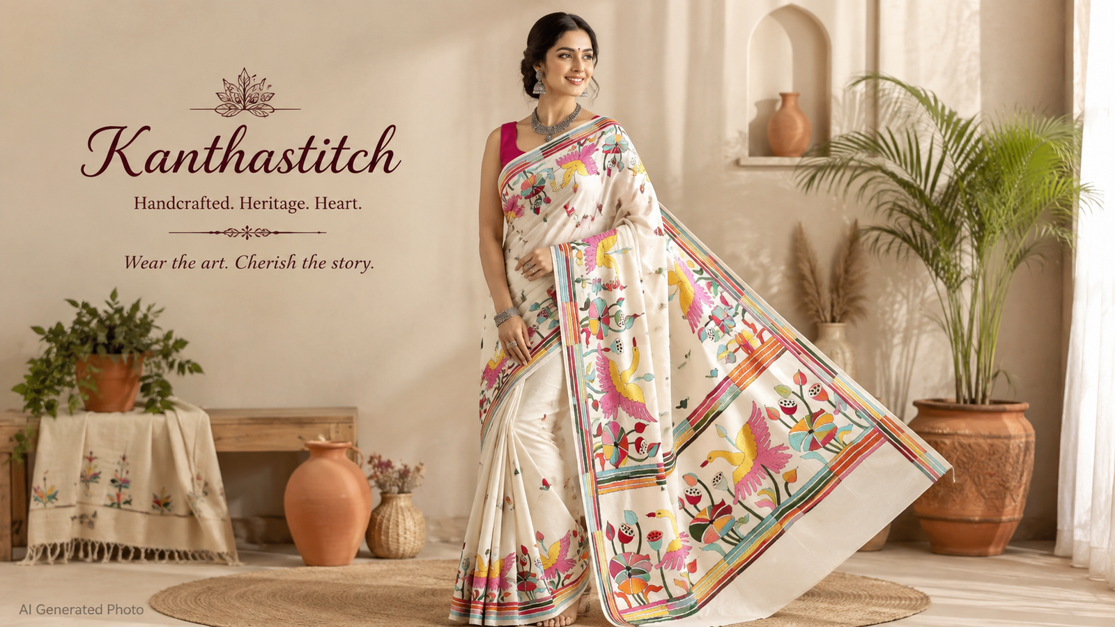 Handcrafted white Kantha stitch saree with colorful bird, lotus and floral embroidery worn by a woman