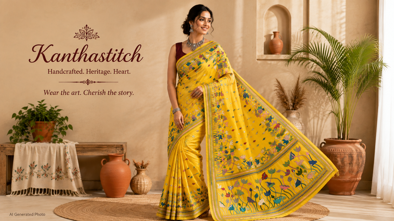 Handcrafted yellow Bengal Kantha stitch saree with colorful floral embroidery worn by a woman