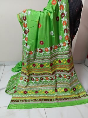 Parrot Green Floral Kantha Stitch Saree – Blended Bangalore Silk
