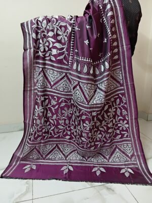 Brown Floral Motif Kantha Stitch Saree on Blended Bangalore Silk