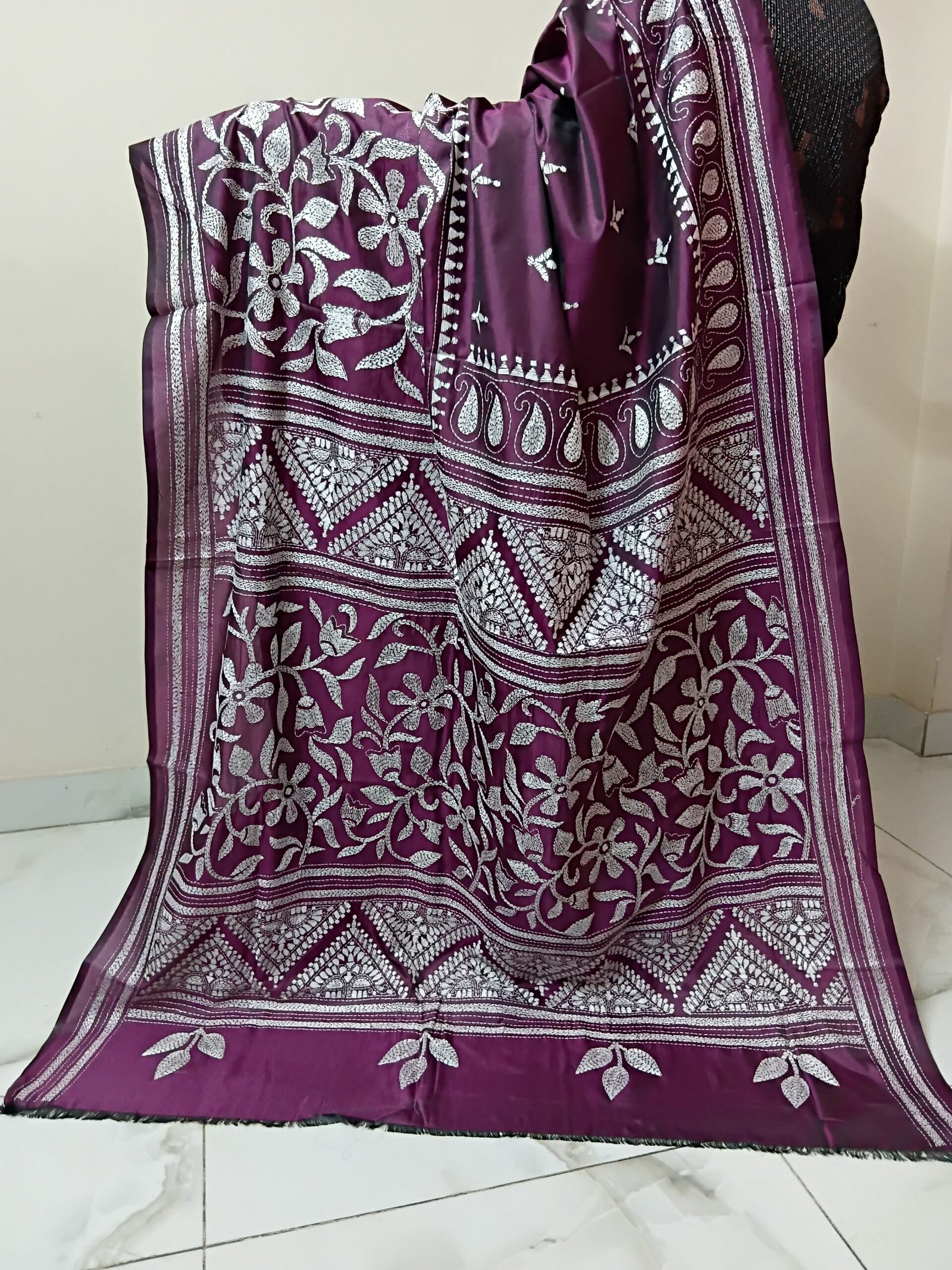 Hand embroidered brown Kantha stitch saree with floral design